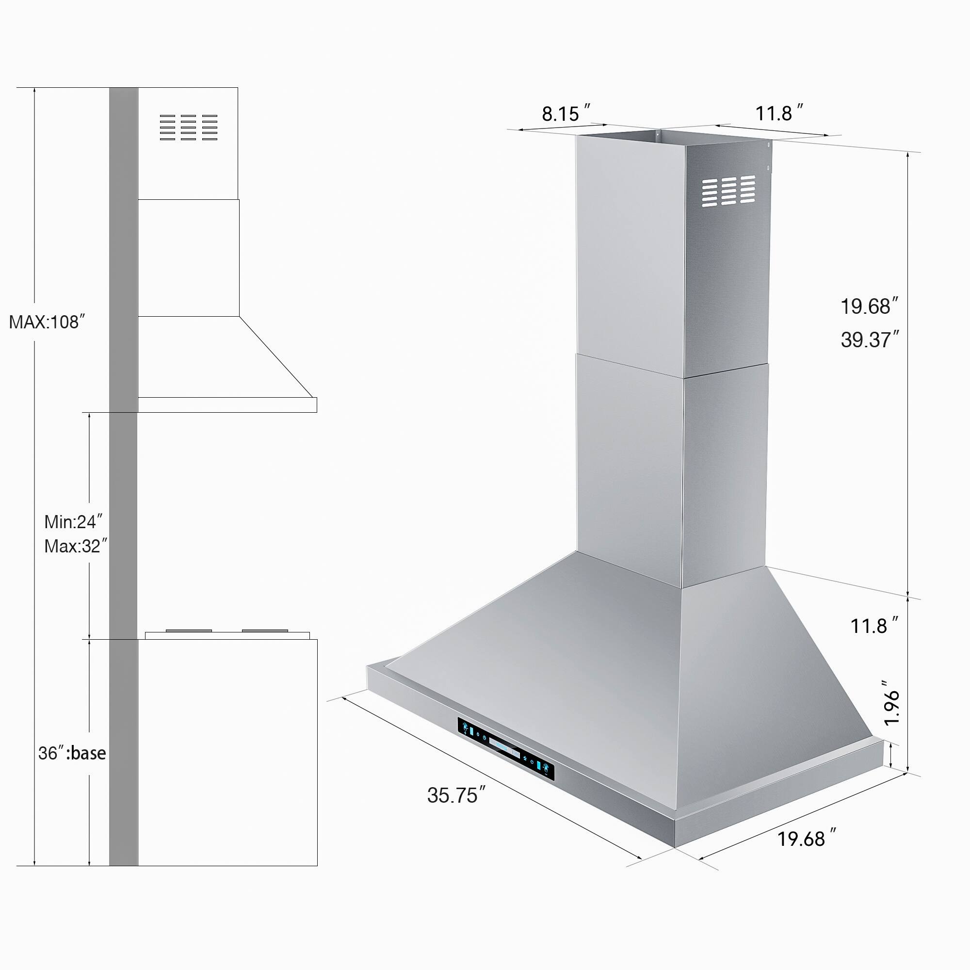 - MAX: 108"
- Min: 24" Max: 32"
- 36" base
- 8.15"
- 11.8"
- 19.68"
- 39.37"
- 35.75"
- 1.96"
