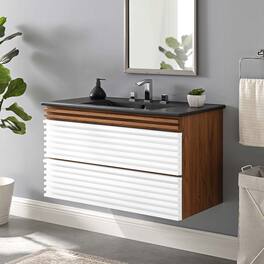 Modway - Render Wall-Mount Bathroom Vanity with Black Basin Included - White Walnut Black