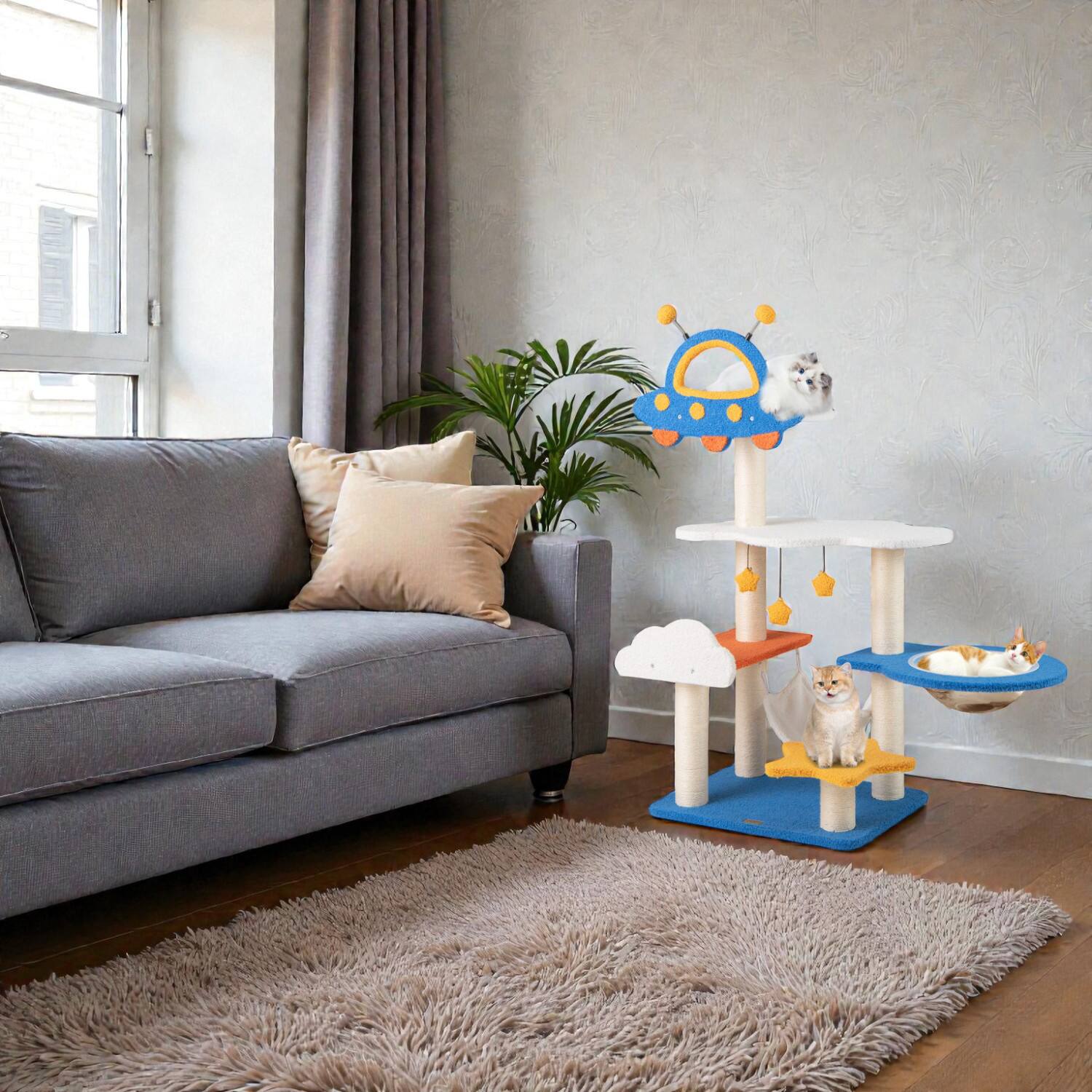 Front. BreeBe - 49-Inch Feline Activity Tower Featuring UFO Top Perch and Sisal Posts - Blue.