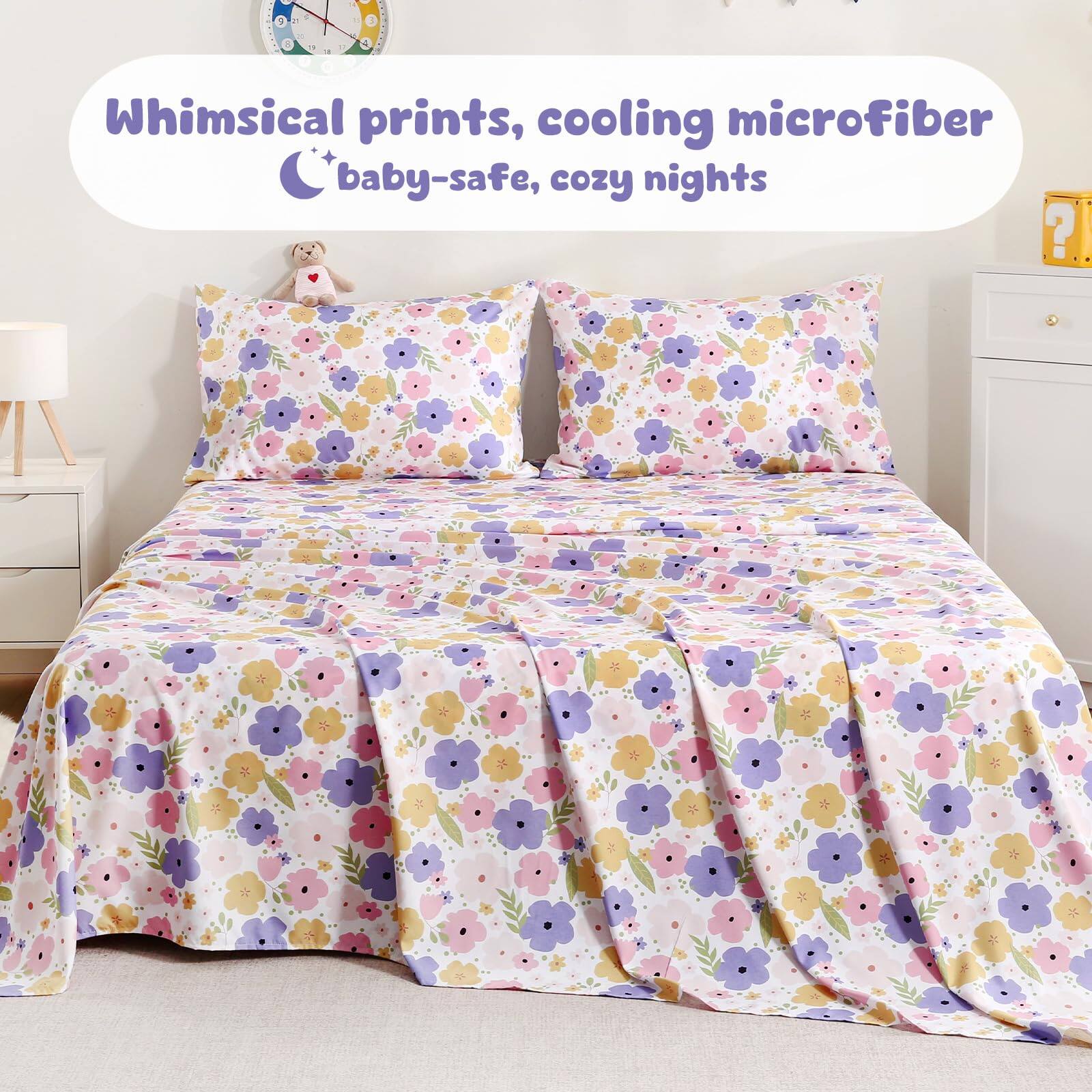 Whimsical prints, cooling microfiber baby-safe, cozy nights