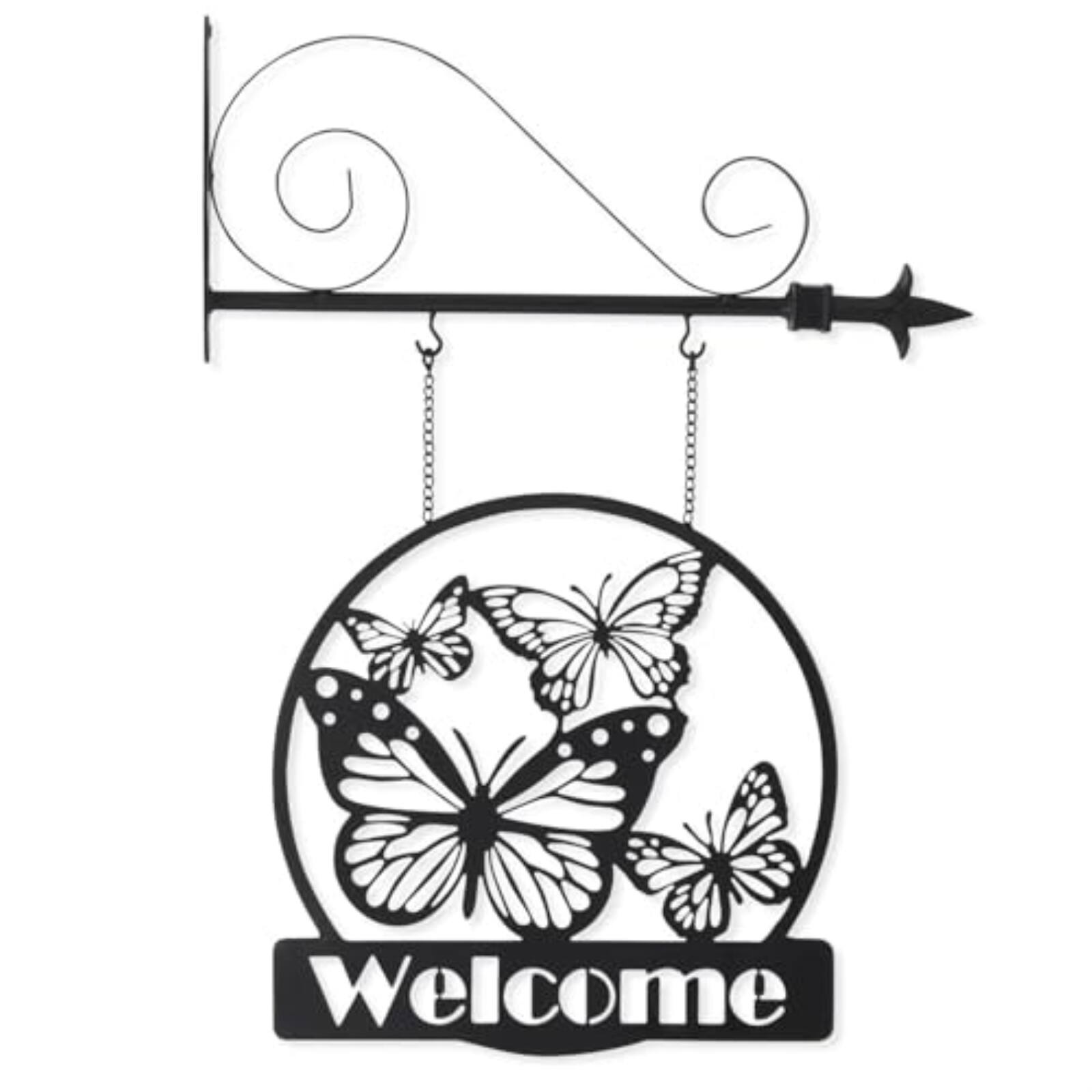 Angle. K&K Interiors - K&K Interiors Black Metal Cutout Butterfly Welcome Sign Arrow Replacement 13 inch - Arrow Sold Separately - Black.