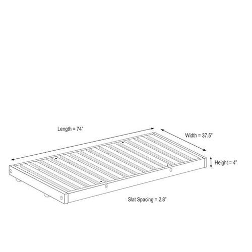 Length = 74"  
Width = 37.5"  
Height = 4"  
Slat Spacing = 2.8"