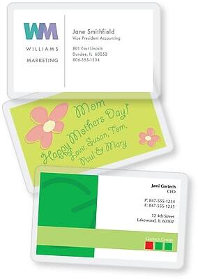 **Business Cards:**

1. **Jane Smithfield**
   - Vice President Accounting
   - WILLIAMS S
   - 801 East Lincoln
   - Dunder, IL 60052
   - MARKETING
   - 806-555-1234

2. **Jamie Gortech**
   - CEO
   - 12 4th Street
   - Lakewood, IL 60102
   - P: 847-555-1234
   - F: 847-555-1235
   - Gortech Group

**Greeting Card:**

- Happy Mother's Day!
- Love, Susan, Tom, Paul & Mary