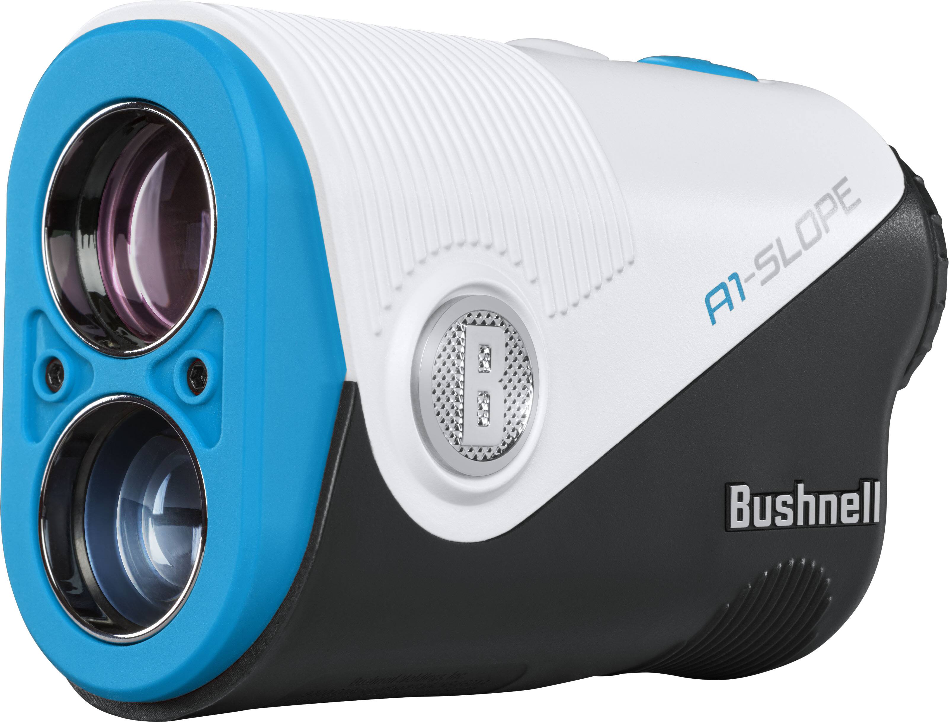 The text on the image is "B A1-SLOPE Bushnell". This suggests that the image is promoting a product by the company Bushnell, which is known for its outdoor and sports equipment. The product being promoted is likely a device used for measuring or analyzing slopes, such as a slope meter or a slope calculator. The image features a close-up of the device, showcasing its design and features.
