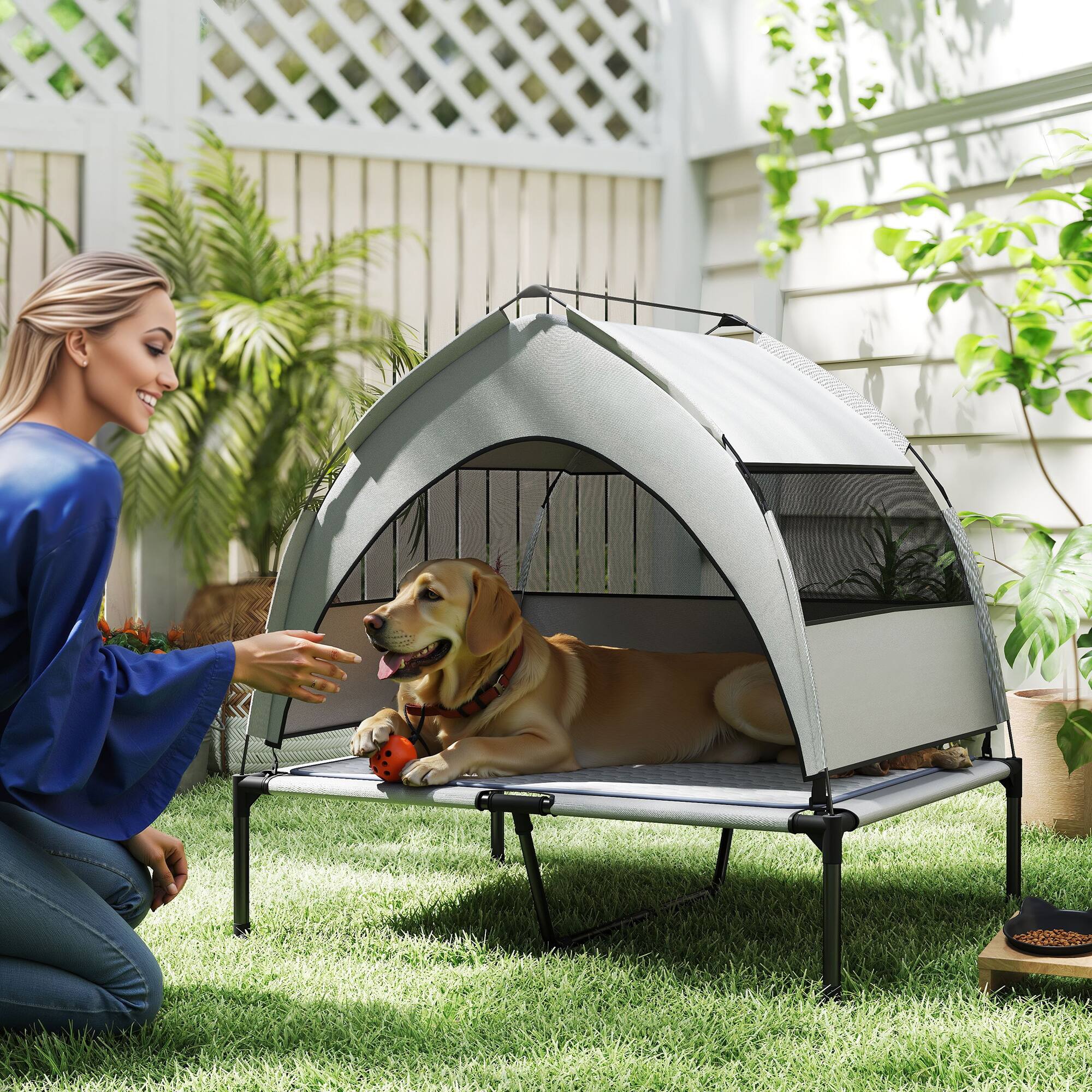 Angle. Pawhut - Elevated Bed, Raised Pet Bed with Removable Canopy, Breathable Mesh,  Portable Pet Cot, 36" x 29.5" x 35" - Light Gray.
