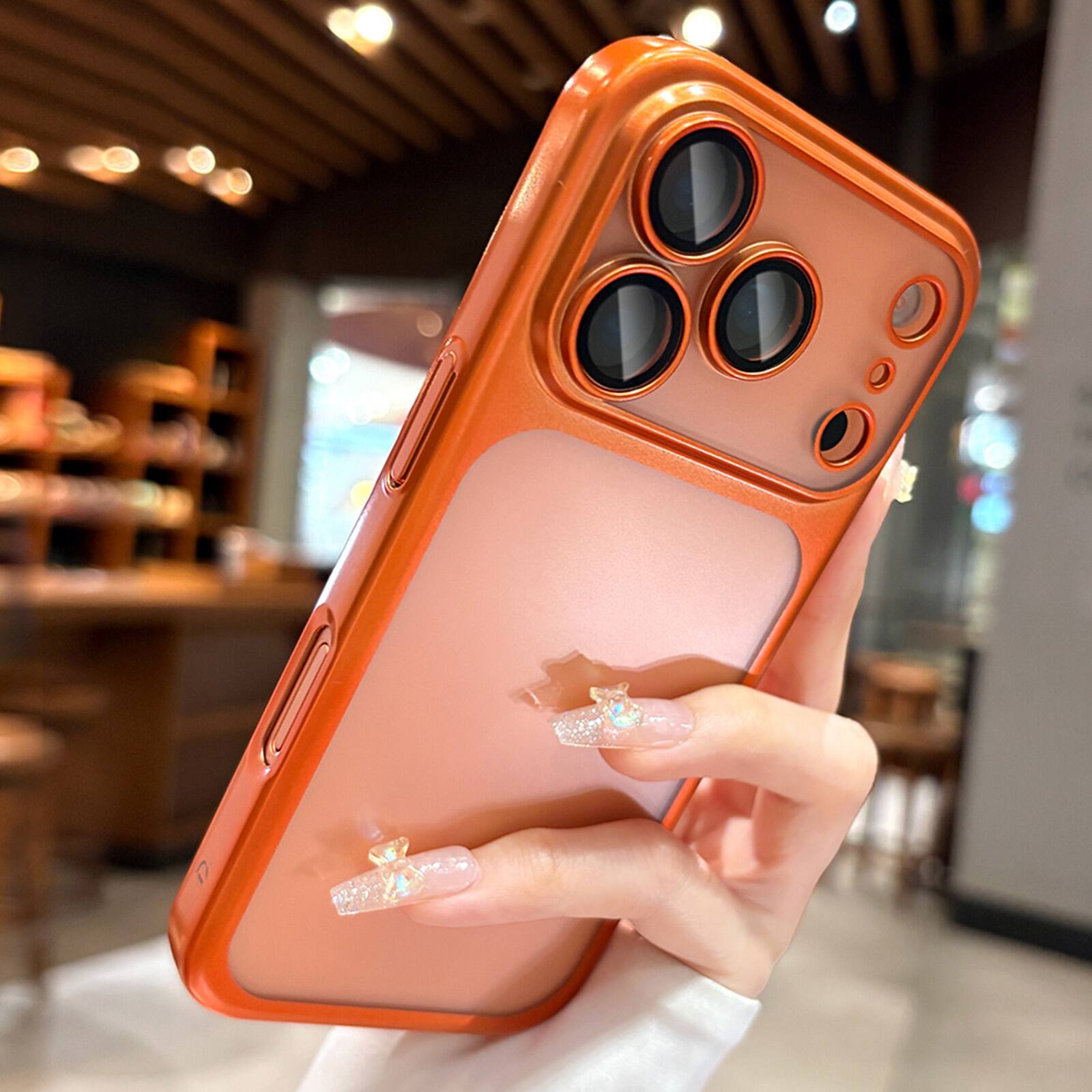 Alt View 2. Dteck - Plating Matte Case For Apple iPhone 18 Pro with Camera Lens Screen Protector, Shockproof Frosted Translucent Cover - Orange.