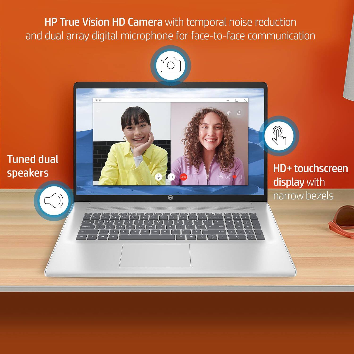HP True Vision HD Camera with temporal noise reduction and dual array digital microphone for face-to-face communication. Tuned dual speakers. HD+ touchscreen display with narrow bezels.