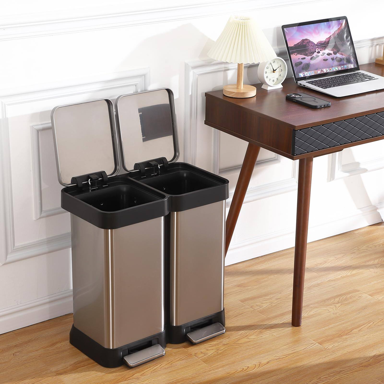 Front. Babevy - Dual Compartment Step Trash Can, Stainless Steel Kitchen Garbage Can with Waste & Recycling Bins - Silver.