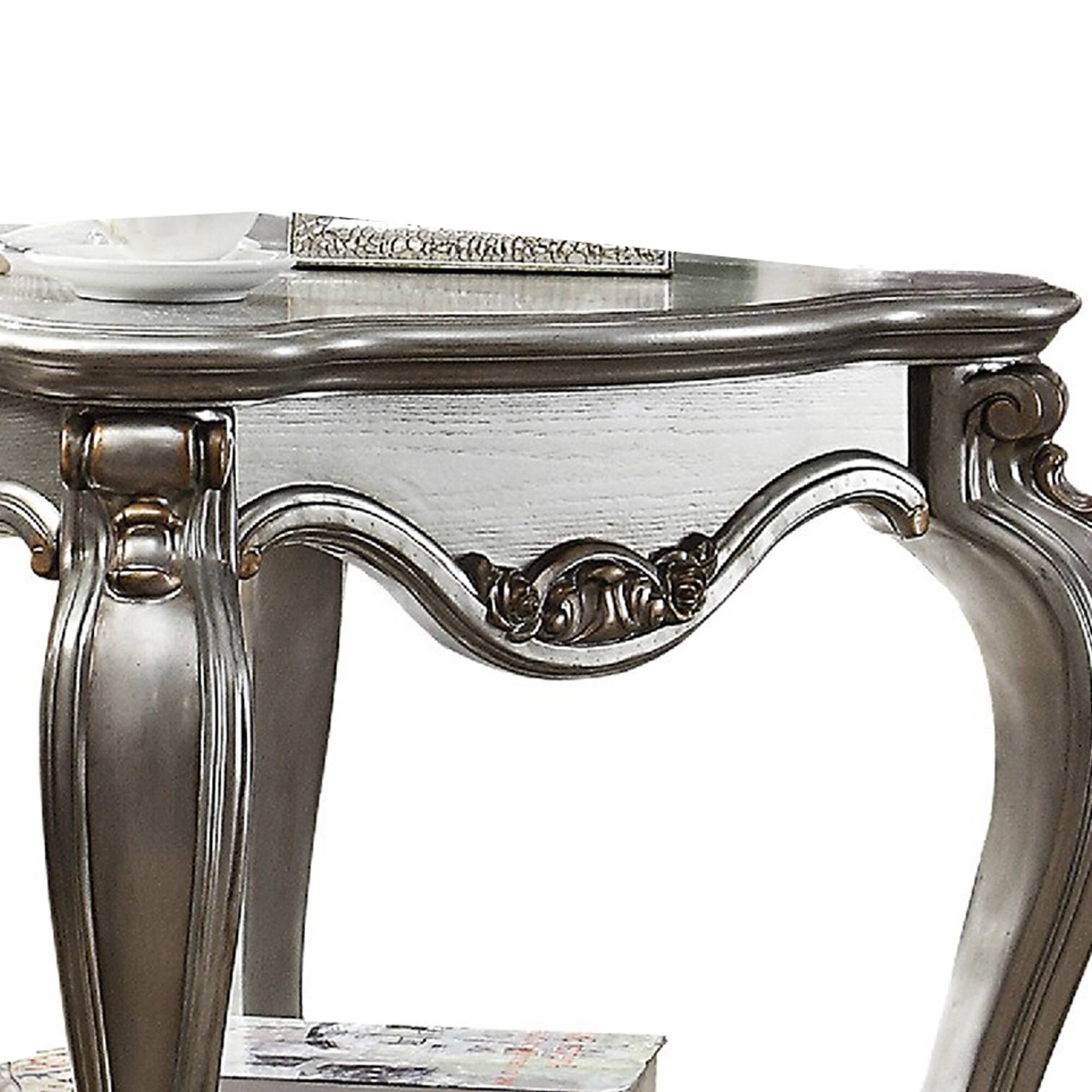 Alt View 2. Manhattan Lane - Square Wooden End Table with Scalloped Polyresin Carvings and Bottom Shelf - Silver.