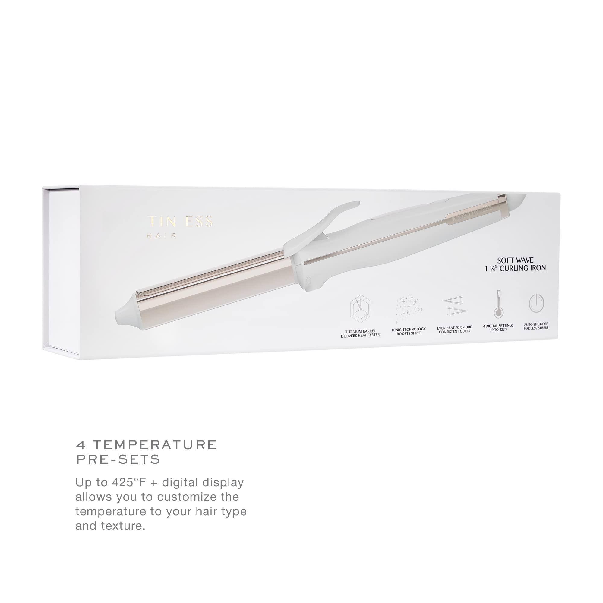 Sure, here is the corrected and grouped text:

---

**TIN ESS HAIR**

**SOFT WAVE 1½" CURLING IRON**

**4 TEMPERATURE PRE-SETS**

Up to 425°F + digital display allows you to customize the temperature to your hair type and texture.

- **4 TEMPERATURE PRE-SETS**
  - Up to 425°F + digital display allows you to customize the temperature to your hair type and texture.

---

**Features:**
- **IONIC TECHNOLOGY** boosts shine
- **EVEN HEAT FOR MORE CONSISTENT CURLS**
- **DIGITAL SETTINGS** of 425°F
- **AUTO SHUT OFF** for safety

---