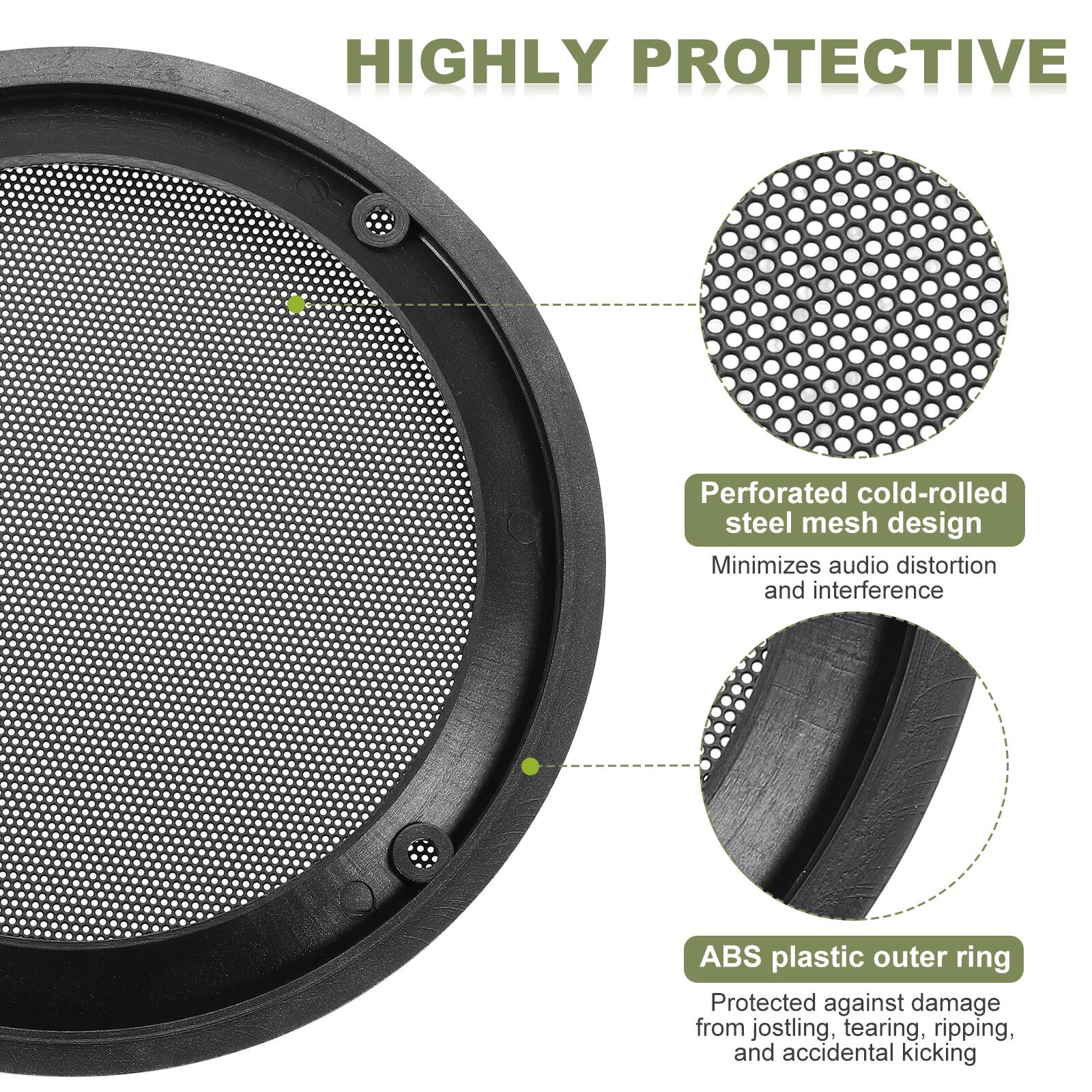 HIGHLY PROTECTIVE

- Perforated cold-rolled steel mesh design
  - Minimizes audio distortion and interference

- ABS plastic outer ring
  - Protected against damage from jostling, tearing, ripping, and accidental kicking