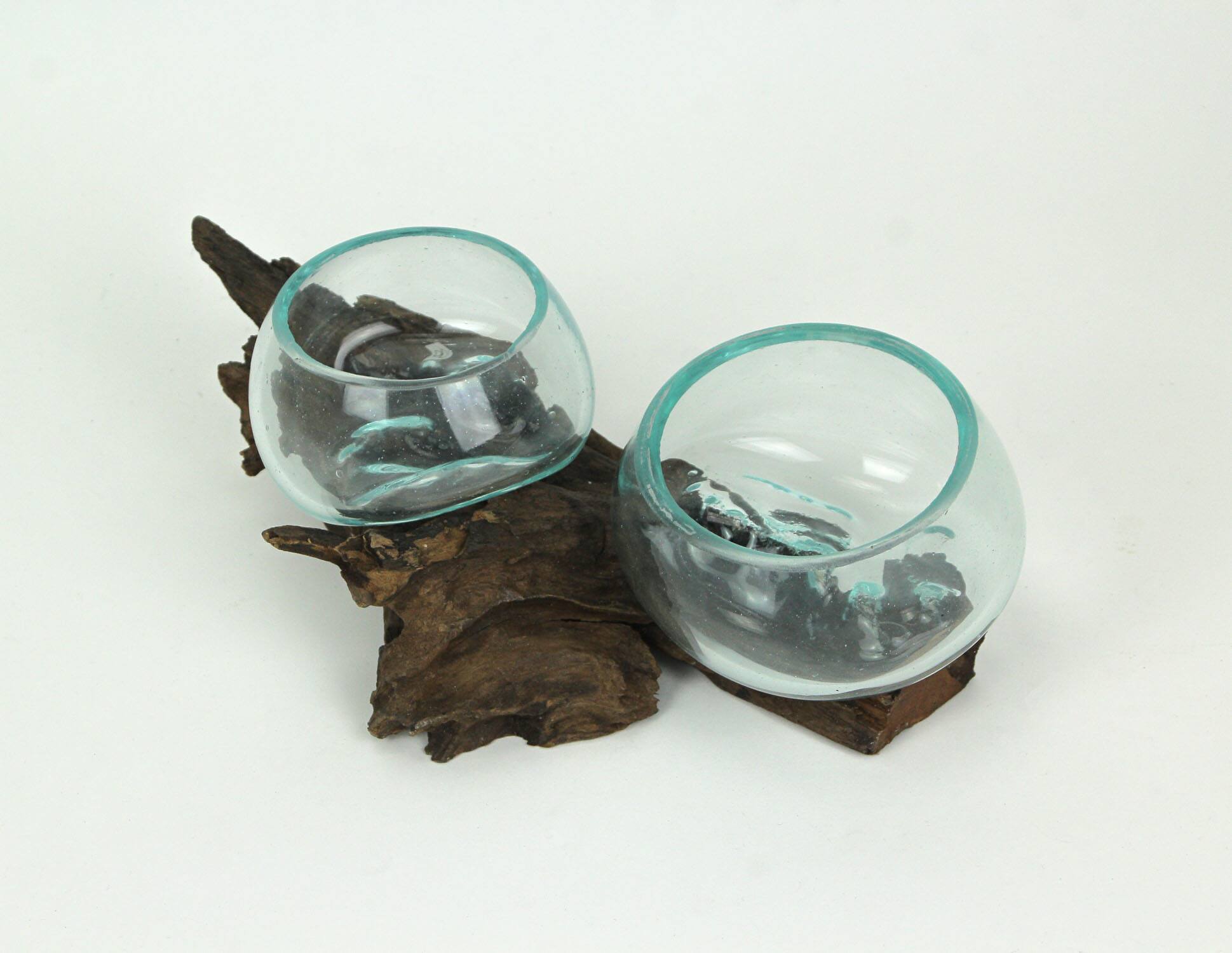 Alt View 1. Contrast Inc. - Molten Glass On Coffee Wood Root Double Decorative Bowl Vase Plant Terrarium - Brown.