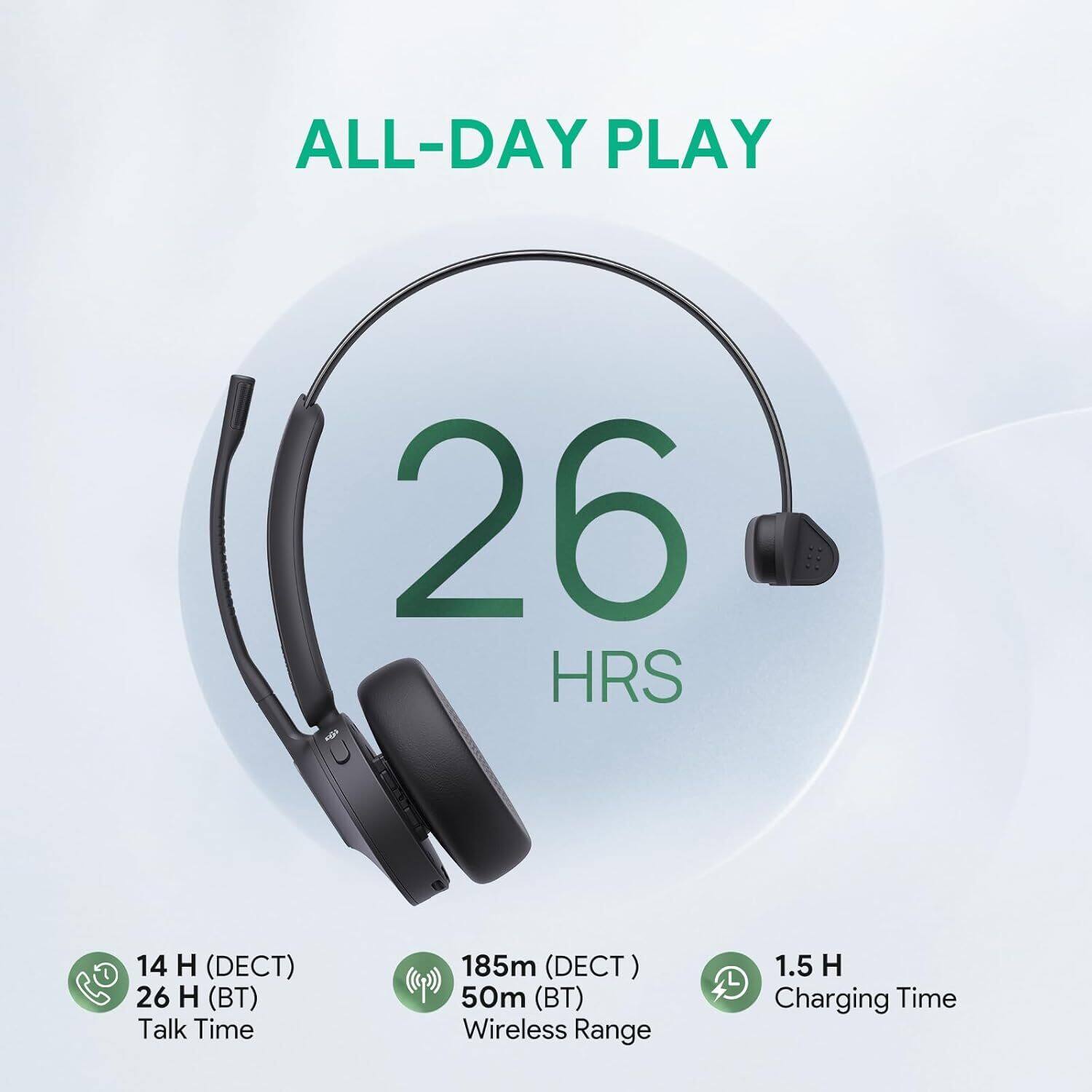 ALL-DAY PLAY  
26 HRS  

14 H (DECT)  
26 H (BT)  
Talk Time  

185m (DECT)  
50m (BT)  
Wireless Range  

1.5 H  
Charging Time