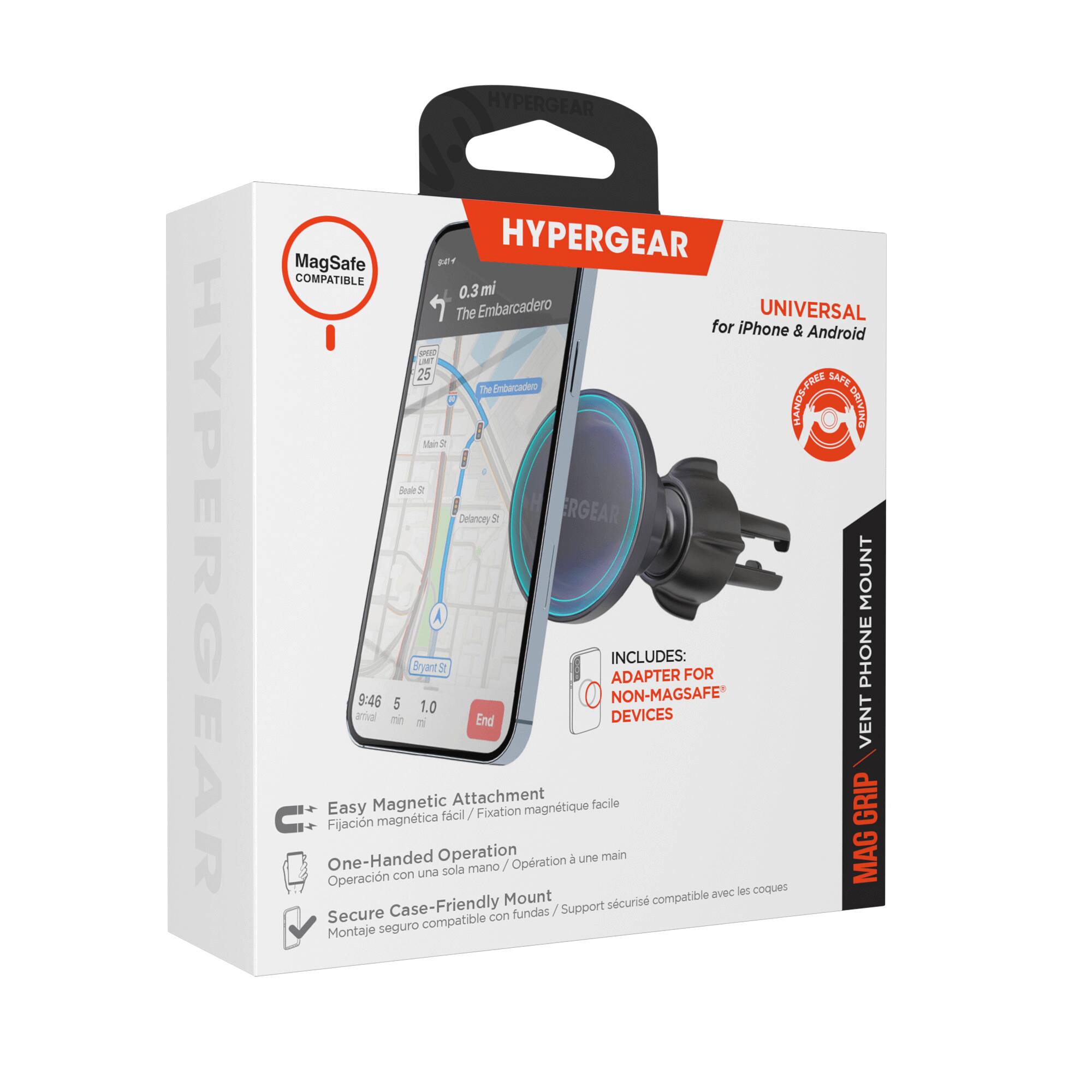 HYPERGEAR MagSafe BE COMPATIBLE 0.3 mi The Embarcadero UNIVERSAL for iPhone & Android C cm 25 SAFE The Embarcadero RANOS-FAEE BRrikd Ui I - Seale a Delancey 3 ERGEAR MOUNT Bryant ds ADAPTER INCLUDES: FOR PHONE 9:46 5 NON-MAGSAFE 1.0 amal me n End DEVICES VENT Magnetic Attachment facile GRIP Easy fcil / Fixation magntique U Fijacin magntica One-Handed Operation Opration a une main MAG una sola mano Operacin con les coques Case-Friendly Mount scuris compatible Secure fundas / Support compatible con Montaje seguro