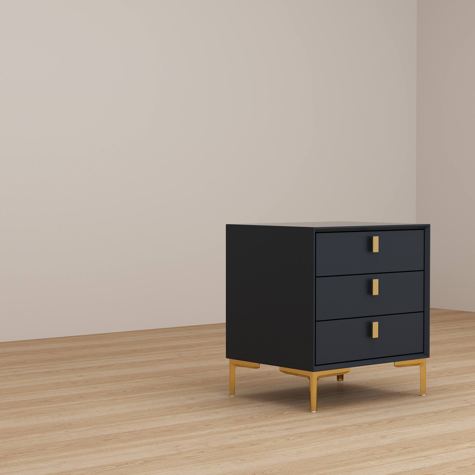 Left. FUFU & GAGA - FUFU&GAGA Modern Dark Blue Nightstand: Gold Accents, 3 - Drawer Storage - Dark Blue.