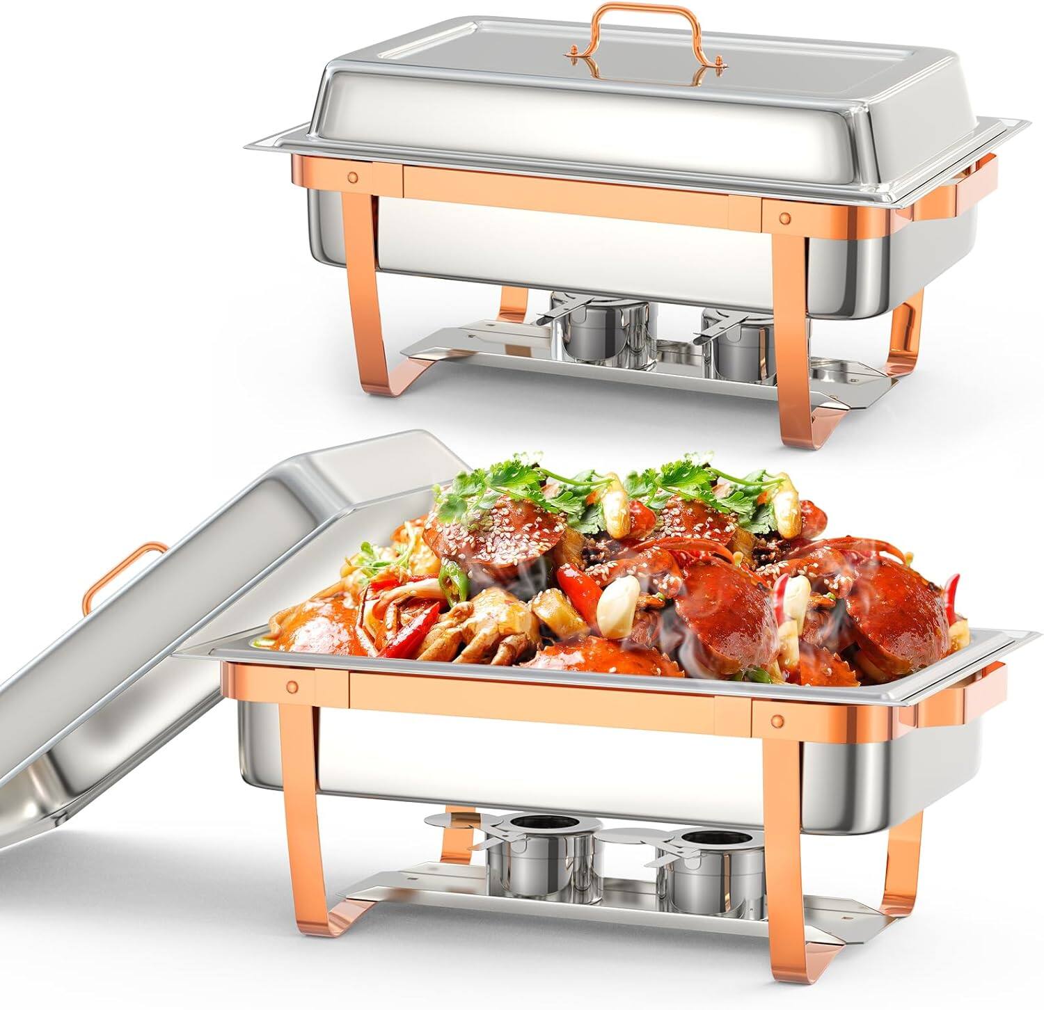 Front. GARVEE - Chafing Dish for Buffet Set, 2 Packs 8 Qt Chafers and Buffet Warmers Sets With Folding Frame, Rose Gold - Gold.