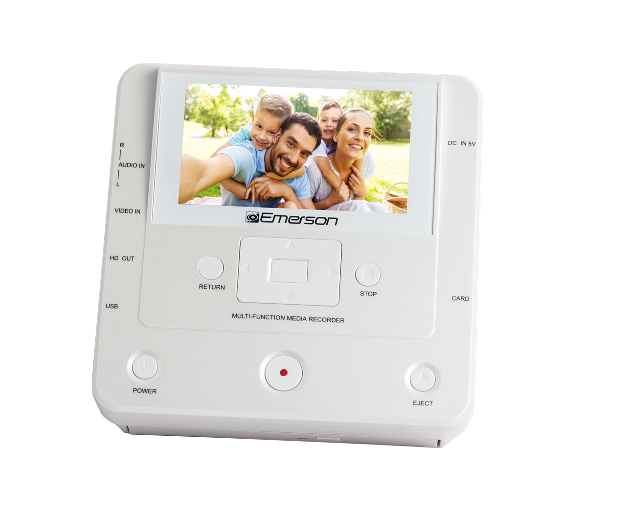 R | AUDIO IN  
L | VIDEO IN  
DC IN 5V  
HD OUT  
USB  
POWER  
STOP  
ENTER  
RETURN  
EJECT  
MULTI-FUNCTION MEDIA RECORDER