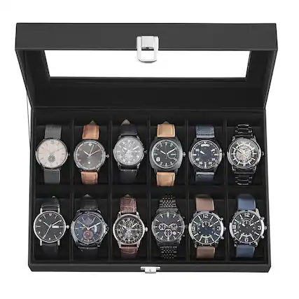 Front. Songmics Home - 12-Slot Watch Box with Large Glass Lid Black Synthetic Leather with Wine Red Lining - Black.