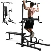 Costway - Adjustable Power Tower Pull Up Bar Stand Dip Station Equipment with Bench Home Gym - Black - Front_Zoom