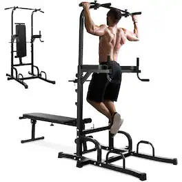 Costway - Adjustable Power Tower Pull Up Bar Stand Dip Station Equipment with Bench Home Gym - Black
