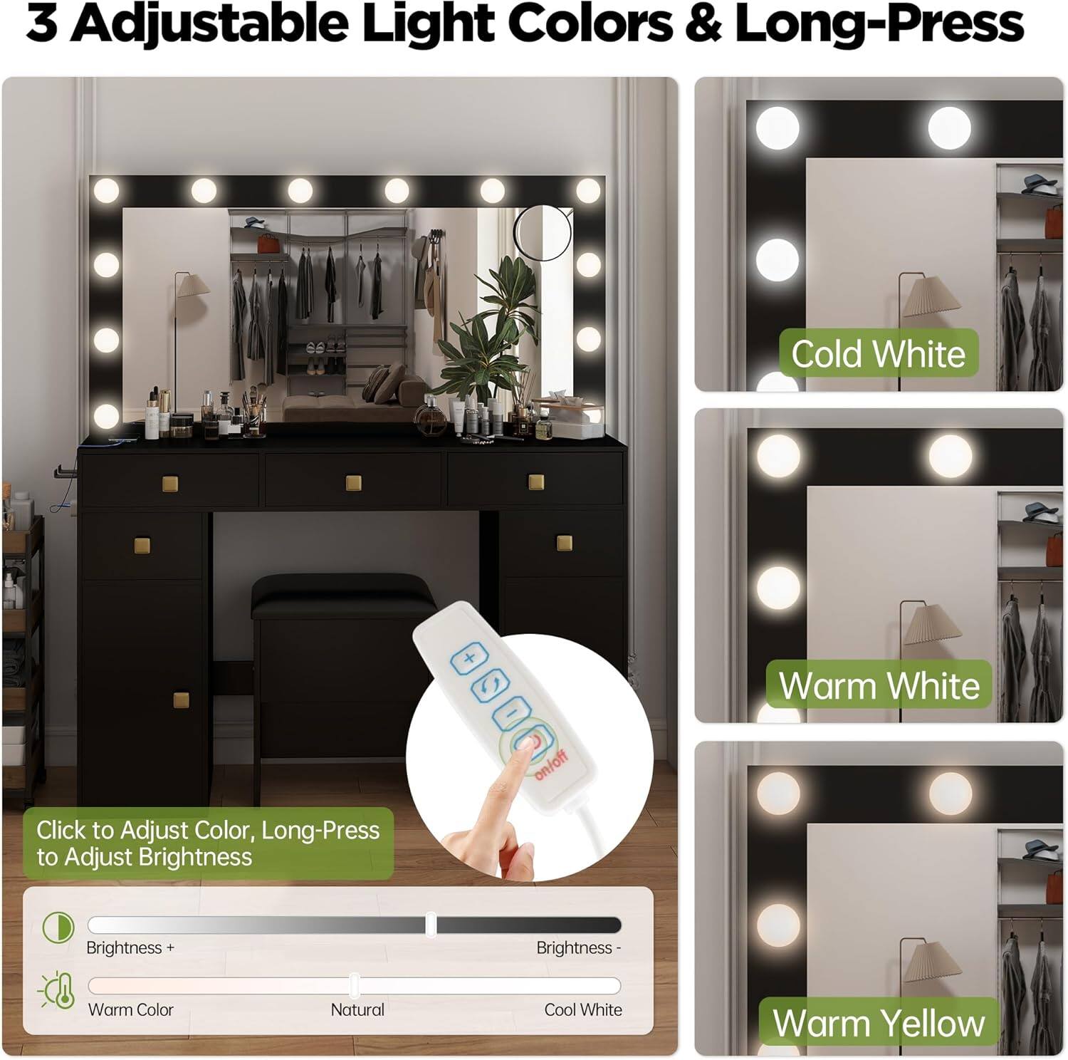 3 Adjustable Light Colors & Long-Press

- Cold White
- Warm White
- Warm Yellow

Click to Adjust Color, Long-Press to Adjust Brightness

Brightness +
Warm Color
Natural
Cool White
Brightness -