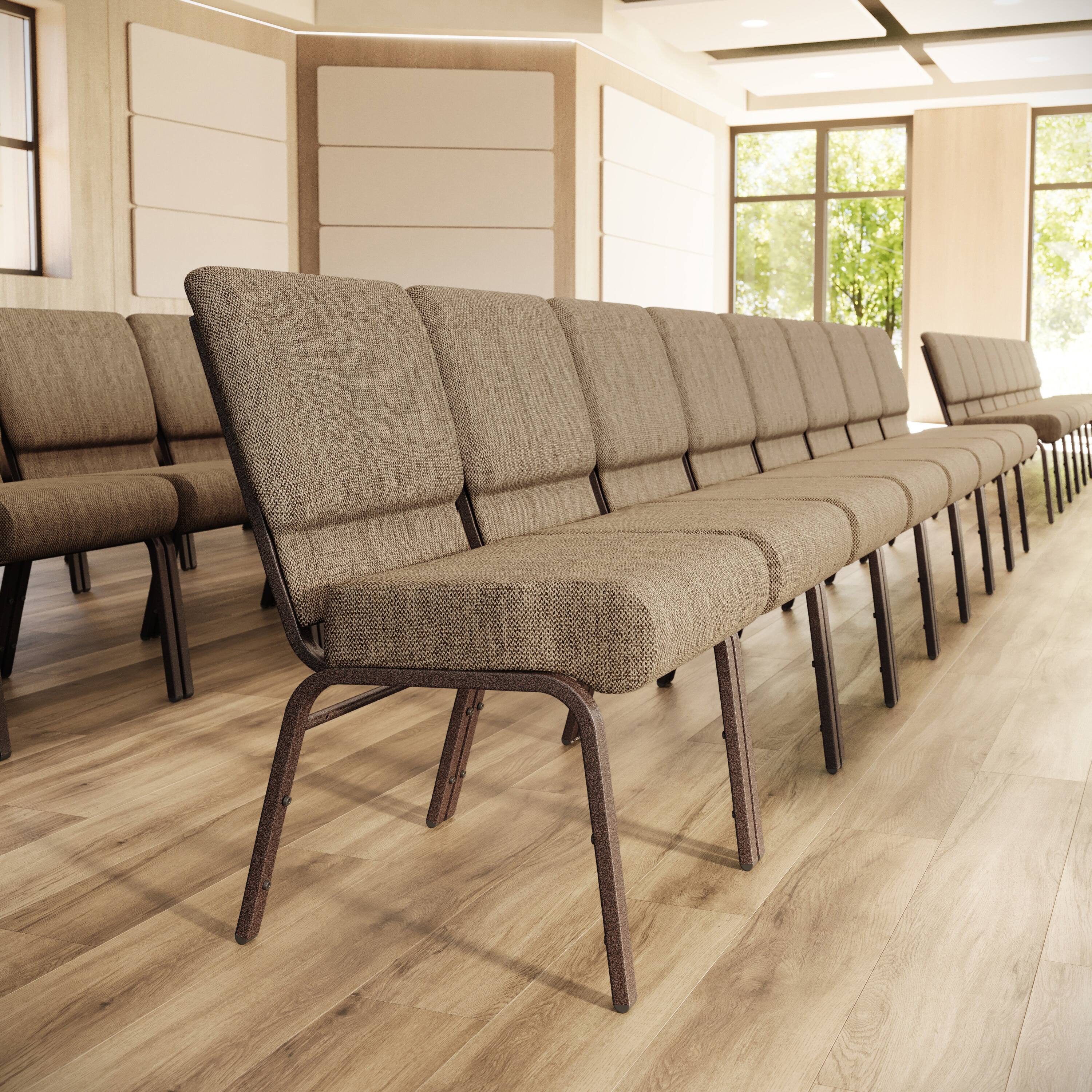 Angle. Flash Furniture - HERCULES Series 21''W Stacking Church Chair in Beige Fabric - Copper Vein Frame - Beige.