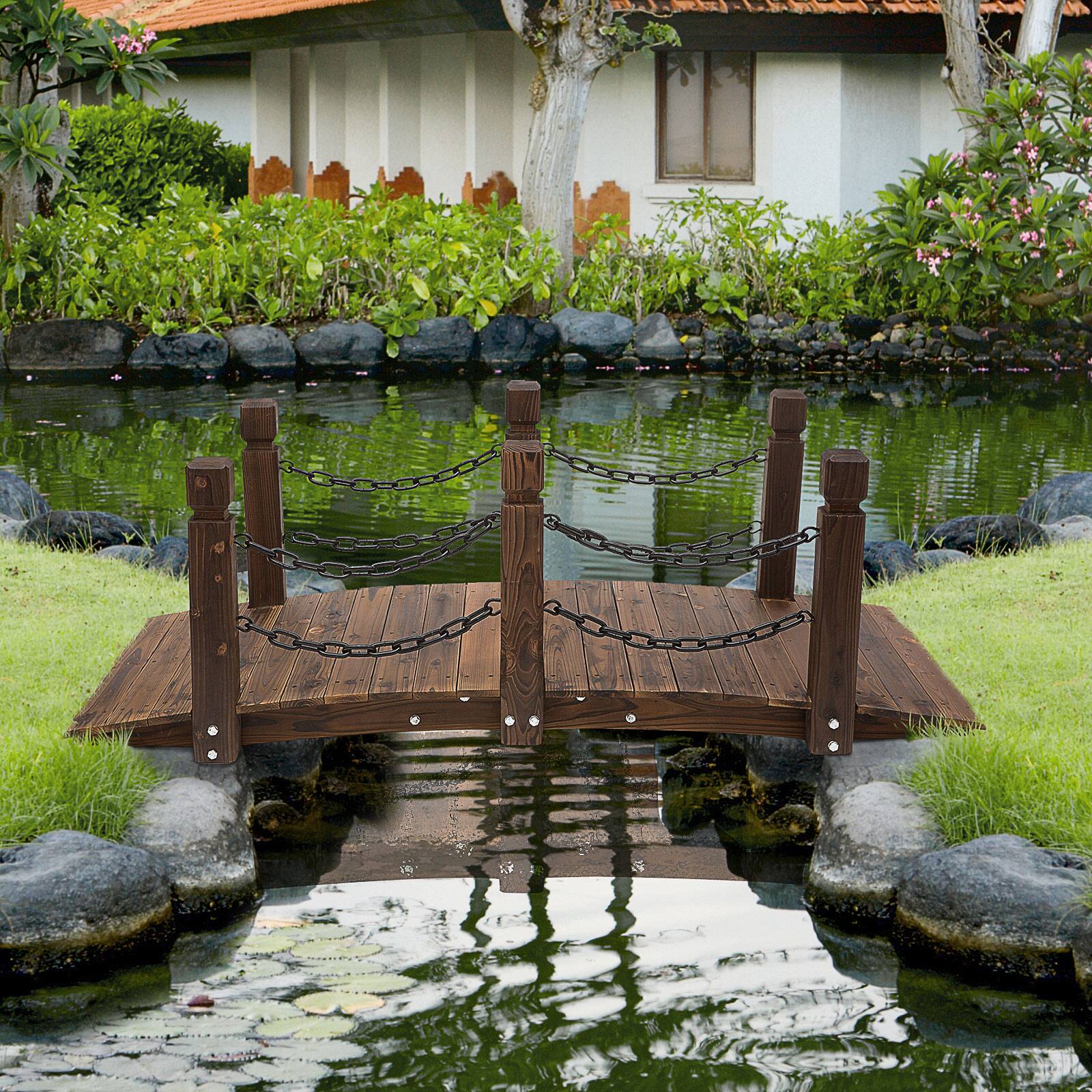 Alt View 1. Outsunny - 5 ft Wooden Garden Bridge Arc Footbridge with Metal Chain Railings & Solid Fir Construction - Carbonized.