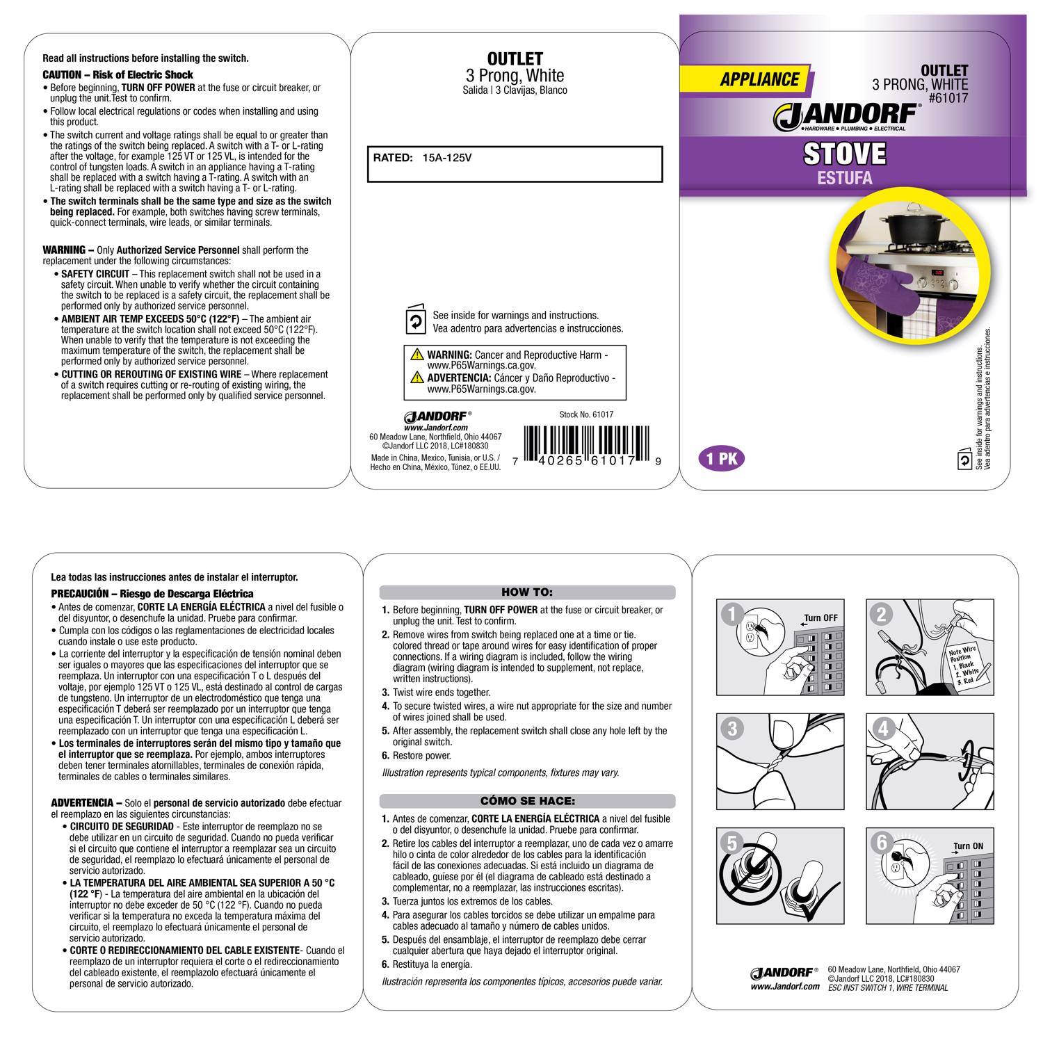 Read instructions before installing the switch.  
CAUTION – Risk of Electric Shock  
Before beginning, TURN OFF POWER at the fuse or circuit breaker, or  
Follow local electrical regulations or codes when installing and using this product.  
The switch current and voltage ratings shall be equal to or greater than the ratings of the switch being replaced. For example, a switch rated 125V or 125V, 15A is intended for the control of tungsten loads. A switch in an appliance having a T-rating shall be replaced with a switch having a T-rating.  
The switch terminals shall be the same type and size as the switch being replaced. For example, both switches having screw terminals, similar terminals.  

RATED: 15A-125V  

WARNING – Only Authorized Service Personnel shall perform the  
SAFETY CIRCUIT – This replacement switch shall not be used in a  
safety circuit. When unable to verify whether the circuit containing the switch is a safety circuit, the replacement shall be made only by authorized service personnel.  
TEMP EXCEEDS 50°C (122°F) – The ambient air temperature at the switch location shall not exceed 50°C (122°F).
