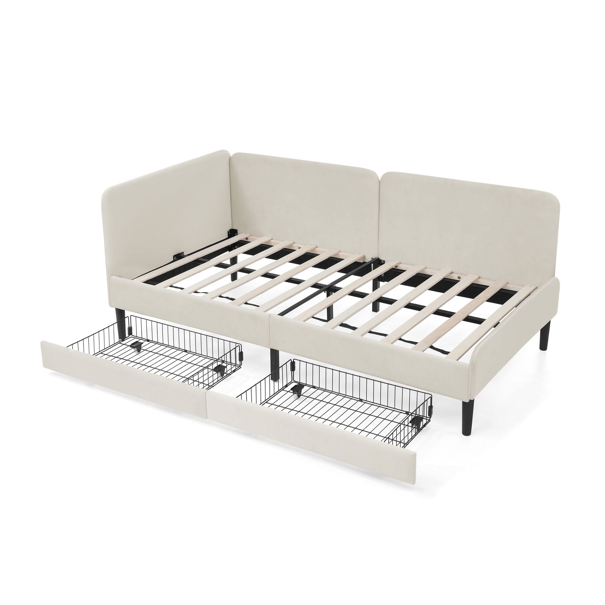 Alt View 5. TinyHomie - Twin Size Upholstered Platform Bed Frame 2 Storage Drawers Adjustable Velvet Sofa Bed Beige - white.