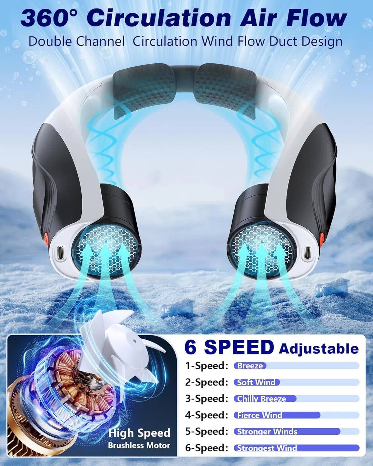 360° Circulation Air Flow  
Double Channel Circulation Wind Flow Duct Design  

AI L 6 SPEED Adjustable  
1-Speed: Breeze  
2-Speed: Soft Wind  
3-Speed: Chilly Breeze  
4-Speed: Fierce Wind  
5-Speed: Stronger Winds  
6-Speed: Strongest Wind  

High Speed Brushless Motor