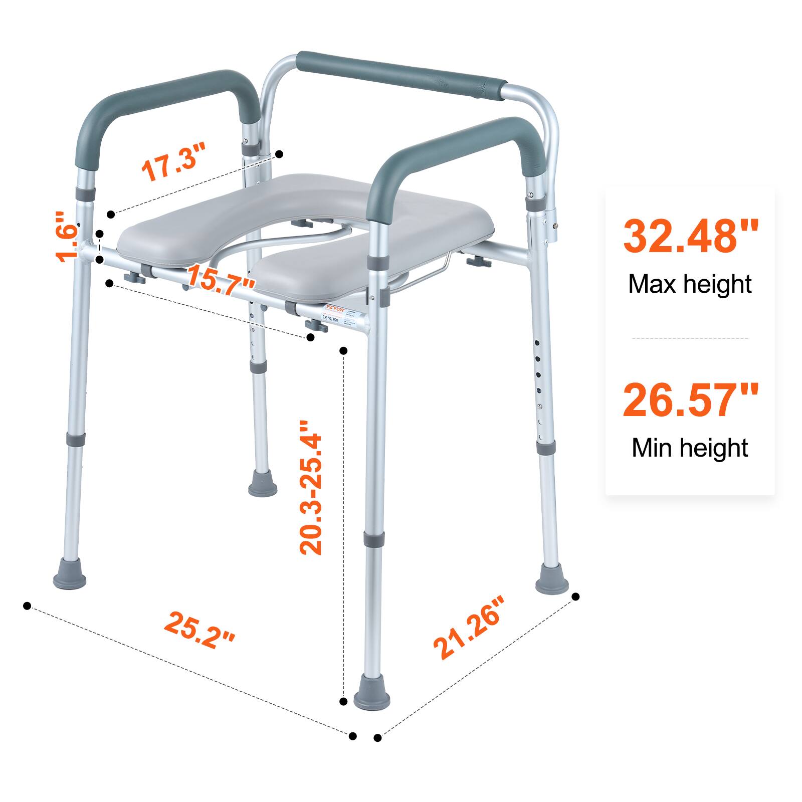 1.6", 17.3", 15.7", 25.2", 20.3-25.4", 21.26" ada
32.48" Max height
26.57" Min height