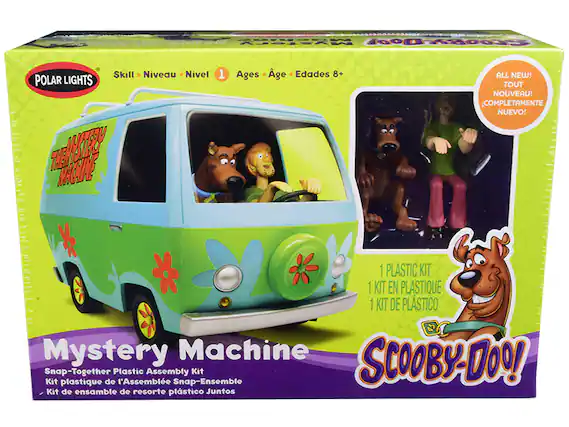 Sure, here is the corrected and grouped text from the image:
---
**POLAR LIGHTS**
**Skill • Niveau • Nivel 1**
**Ages • Age • Edades 8+**
**ALL NEW! TOUT NOUVEAU! COMPLETAMENTE NUEVO!**
**Mystery Machine**
**Snap-Together Plastic Assembly Kit**
**Kit plastique de l'Assemblage Snap-Ensemble**
**Kit de ensamble de resorte plástico Juntos**
**1 PLASTIC KIT**
**1 KIT EN PLASTIQUE**
**1 KIT DE PLÁSTICO**
**SCOOBY-DOO!**
---
This text is organized to reflect the information on the packaging accurately.