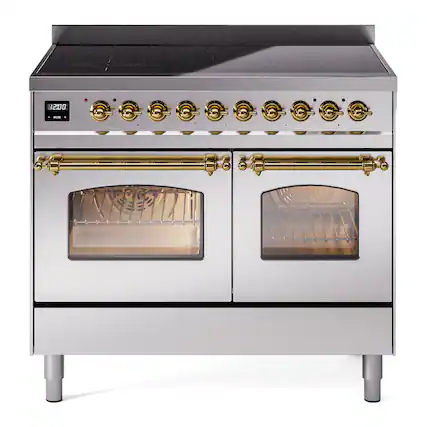 Front. ILVE - ILVE Nostalgie II 40 inch Induction Range with 6 Elements (Triple Glass Door, Stainless Steel, Brass) - Stainless Steel.
