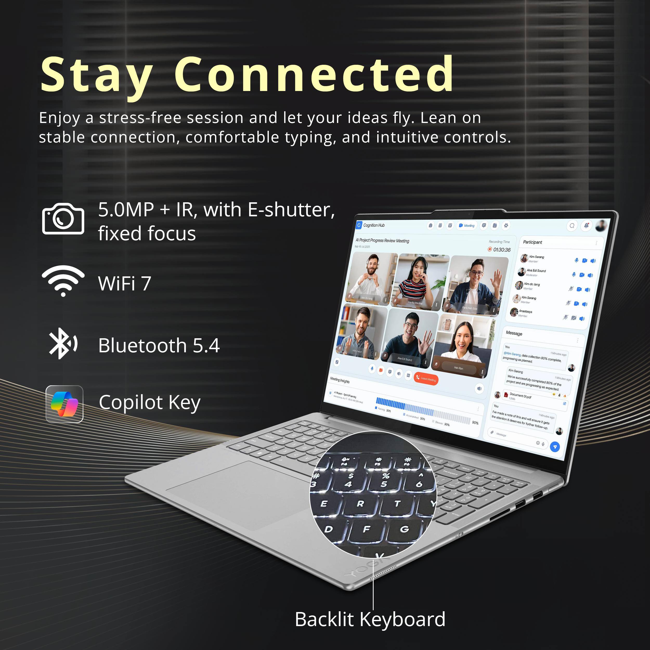 Stay Connected

Enjoy a stress-free session and let your ideas fly. Lean on stable connection, comfortable typing, and intuitive controls.

- 5.0MP + IR, with E-shutter, fixed focus
- WiFi 7
- Bluetooth 5.4
- Copilot Key
- Backlit Keyboard