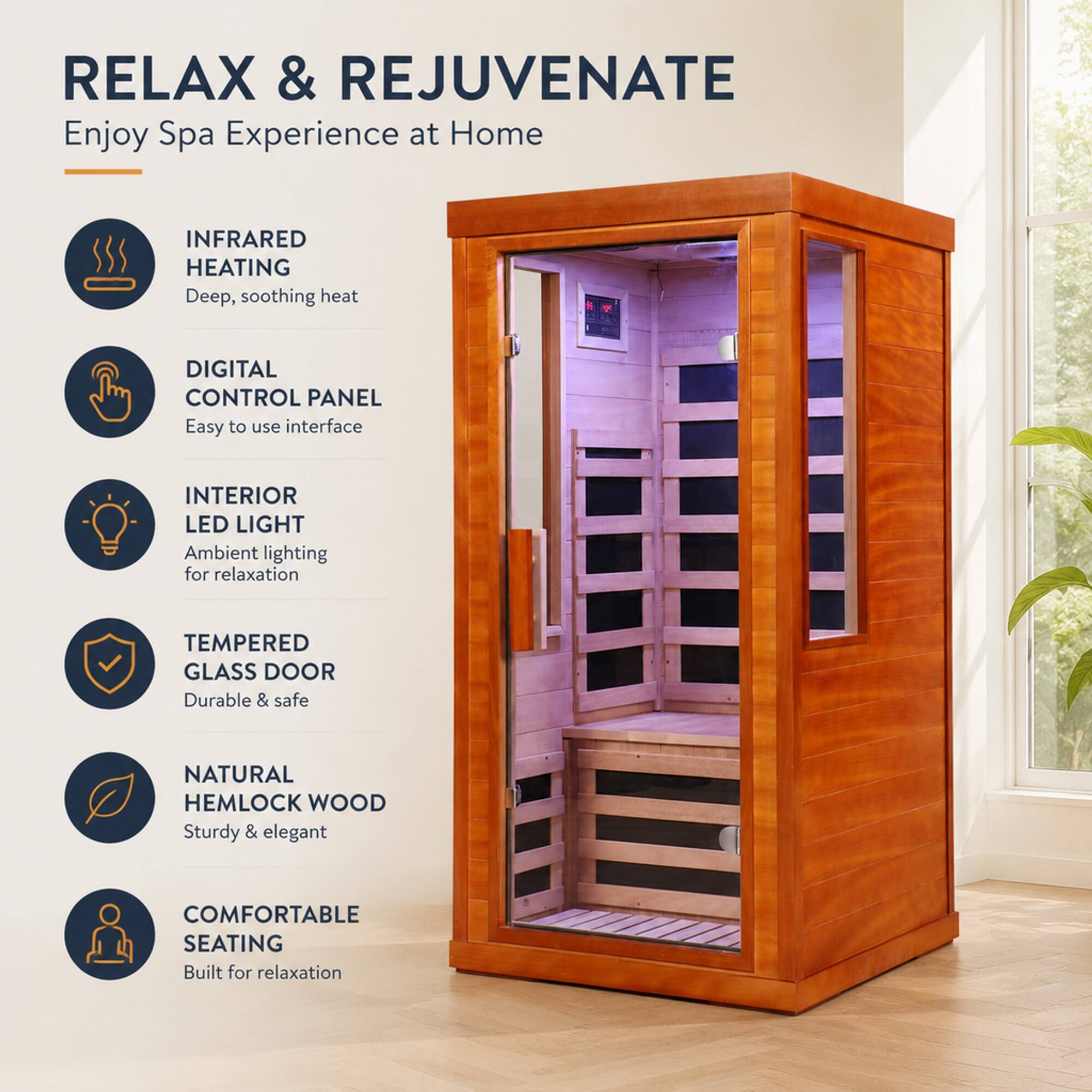 RELAX & REJUVENATE  
Enjoy Spa Experience at Home

- INFRARED HEATING  
  Deep, soothing heat

- DIGITAL CONTROL PANEL  
  Easy to use interface

- INTERIOR LED LIGHT  
  Ambient lighting for relaxation

- TEMPERED GLASS DOOR  
  Durable & safe

- NATURAL HEMLOCK WOOD  
  Sturdy & elegant

- COMFORTABLE SEATING  
  Built for relaxation