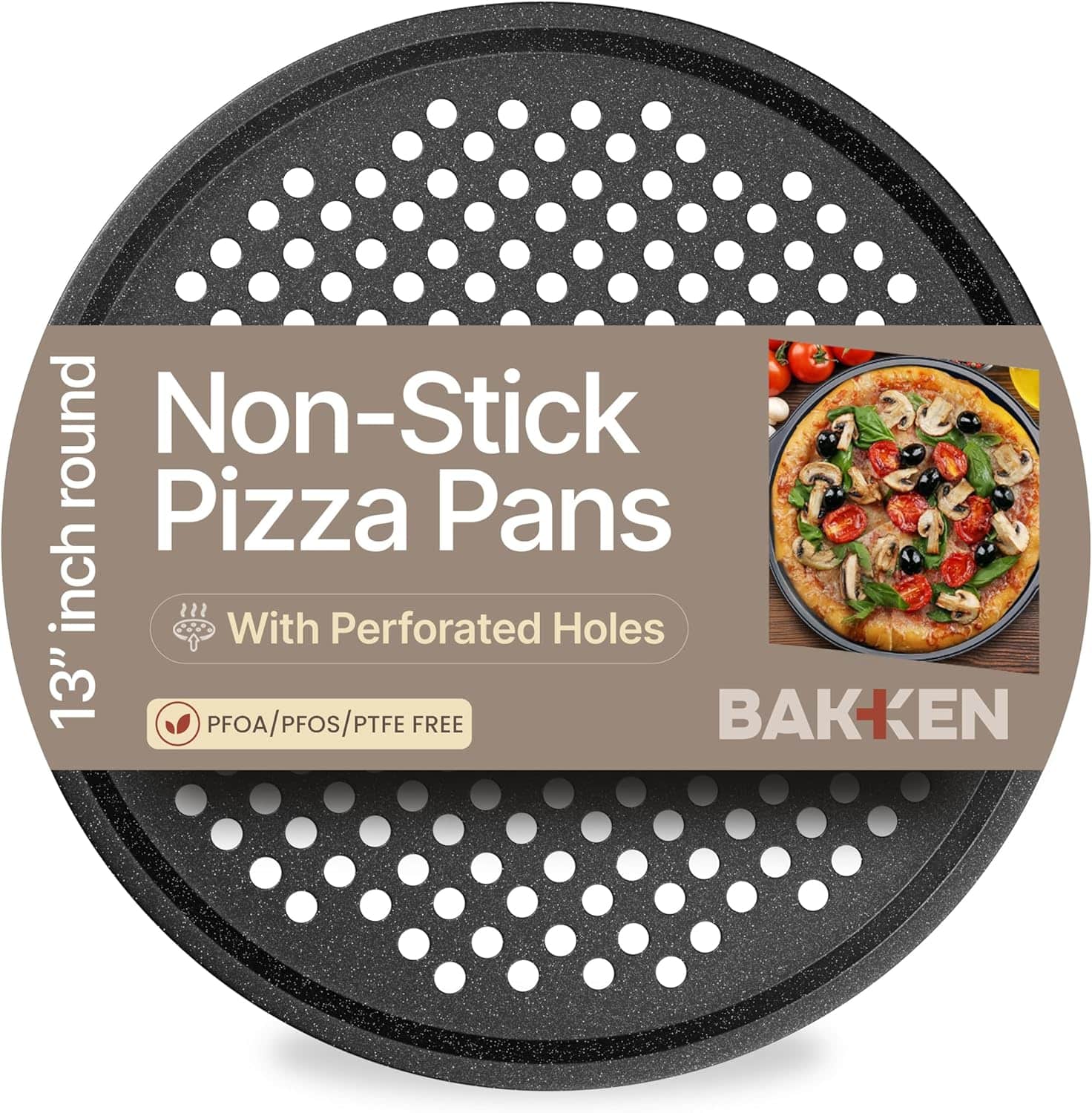 Bakken- Swiss - Bakken Pizza Pan – Perforated Carbon Steel, Non-Stick Marble Coating, Silicone Handle, 1 Tray, Easy Cleanup - Gray