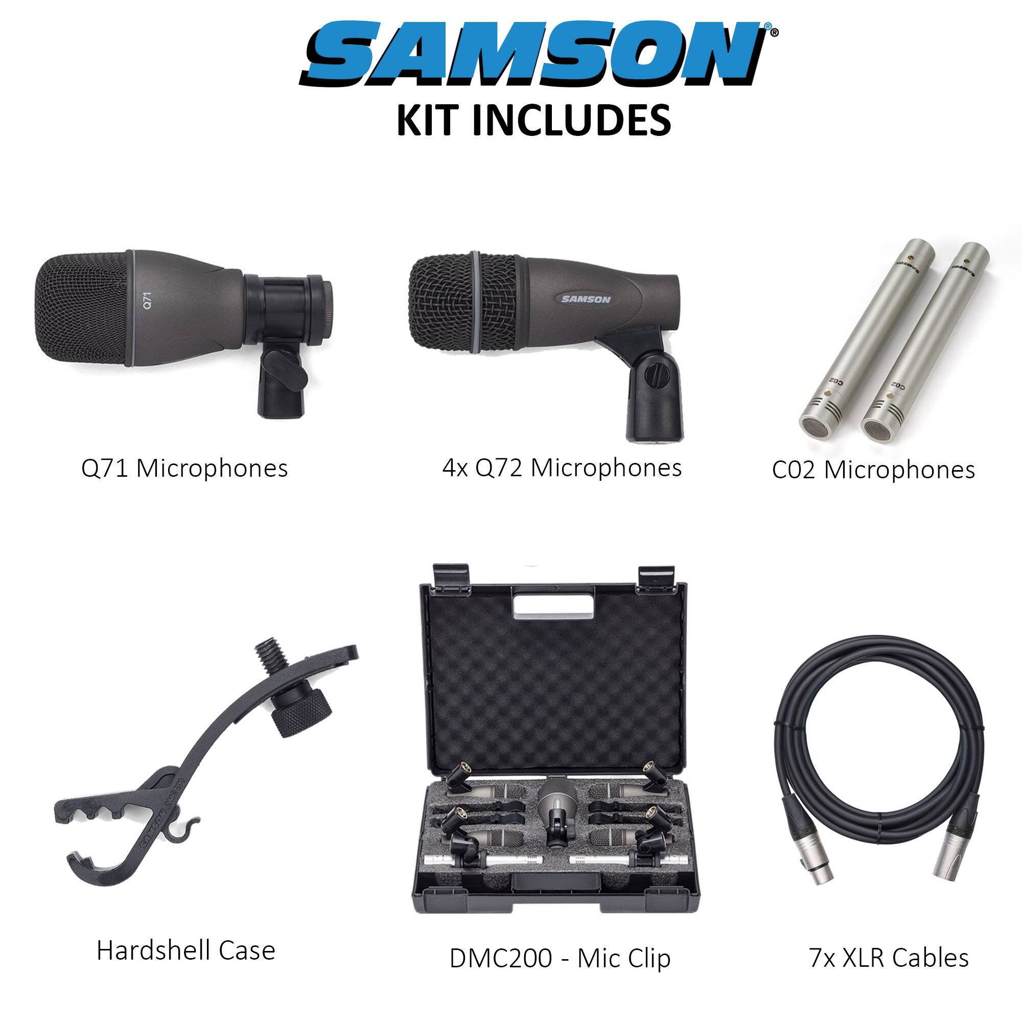 SAMSON KIT INCLUDES

- Q71 Microphones
- 4x Q72 Microphones
- C02 Microphones
- Hardshell Case
- DMC200 - Mic Clip
- 7x XLR Cables