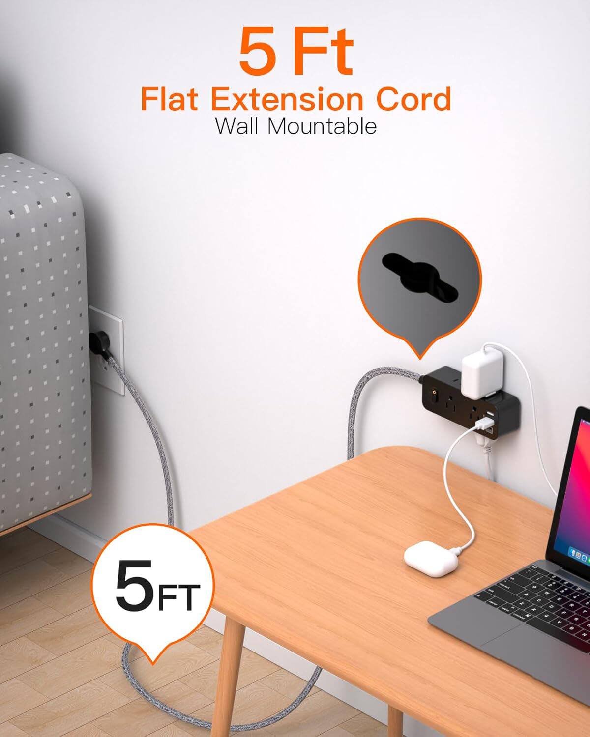 5 Ft Flat Extension Cord Wall Mountable