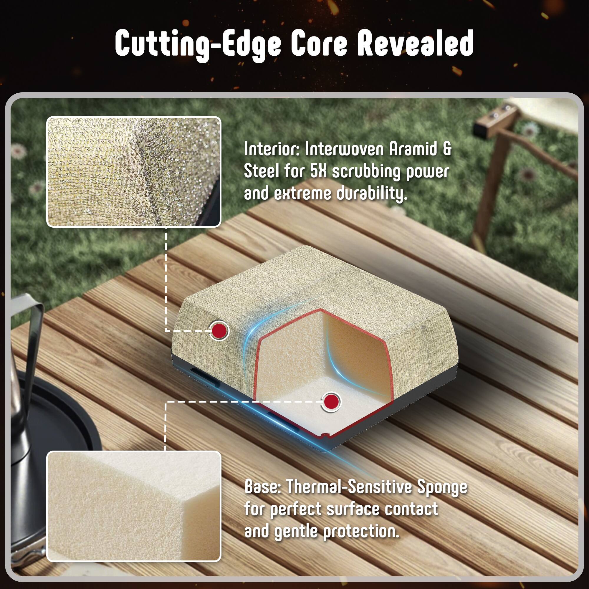 Cutting-Edge Core Revealed

Interior: Interwoven Aramid & Steel for 5X scrubbing power and extreme durability.

Base: Thermal-Sensitive Sponge for perfect surface contact and gentle protection.