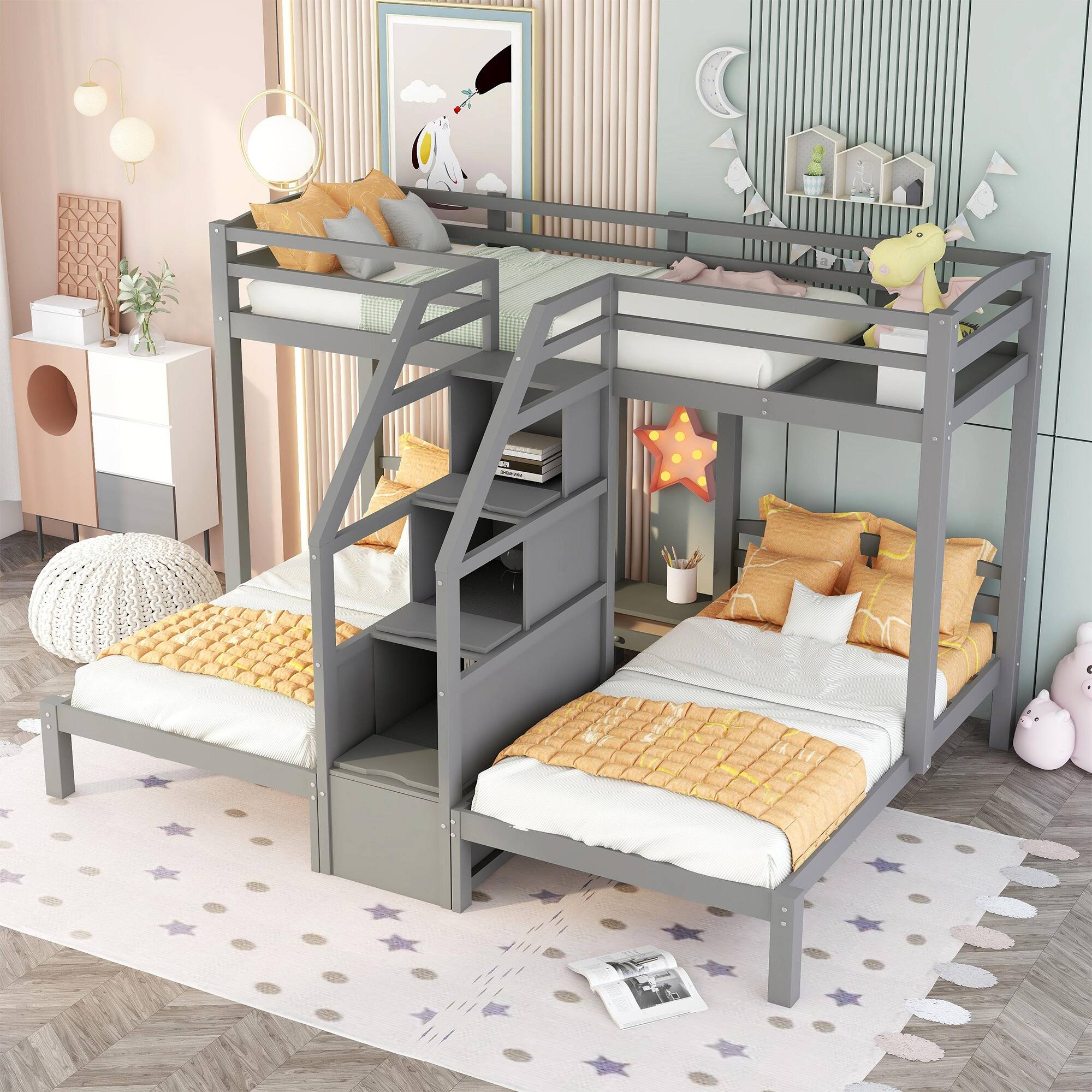 Front. Tiramisubest - Twin Bunk Bed with Staircase & Drawer, Gray - Pine Wood, 102x80x62 inches, 253 lbs - Gray.