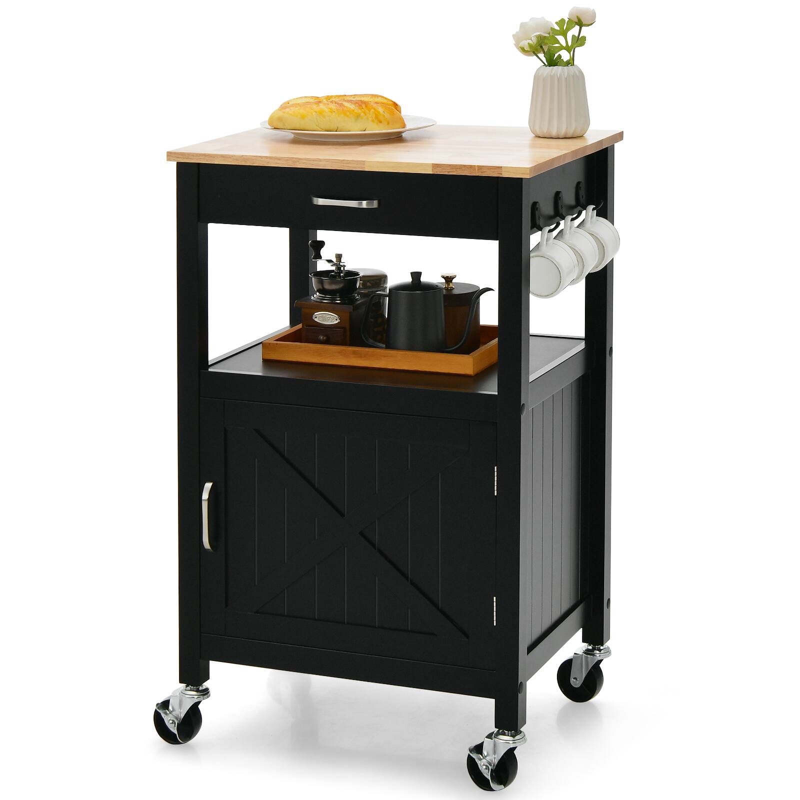 Ecooso - Kitchen Island Cart with Solid Wood Top, Storage Cabinet, Spice Rack, Towel Rack, Drawer & Wheels, Portable Table - Black
