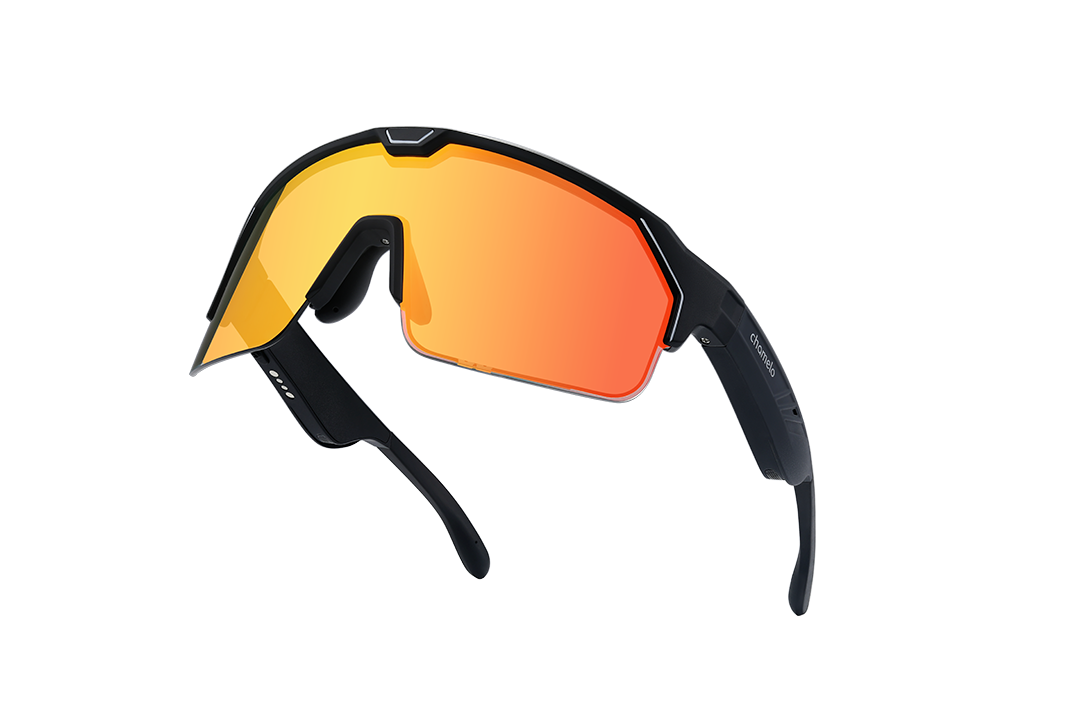 Angle. Chamelo - Sport Music Shield Slider HVL - Adjustable Electrochromic Tint - Smart Audio Sunglasses - Black frame | Fire lenses.