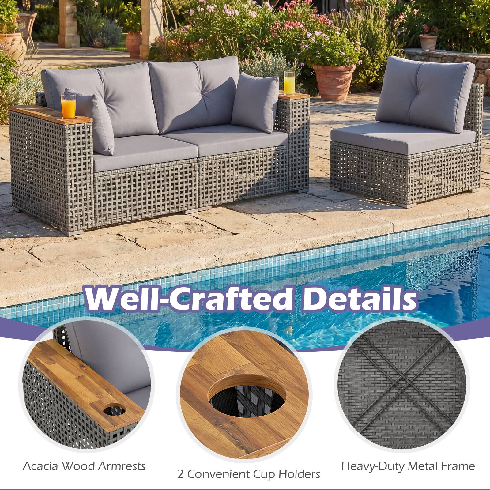 Well-Crafted Details

- Acacia Wood Armrests
- 2 Convenient Cup Holders
- Heavy-Duty Metal Frame