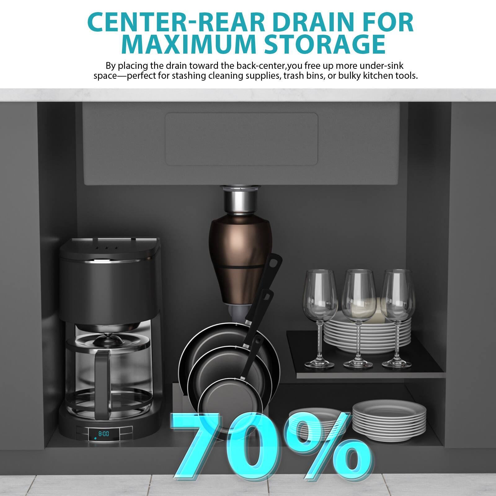 CENTER-REAR DRAIN FOR MAXIMUM STORAGE

By placing the drain toward the back-center, you free up more under-sink space—perfect for stashing cleaning supplies, trash bins, or bulky kitchen tools.

70%