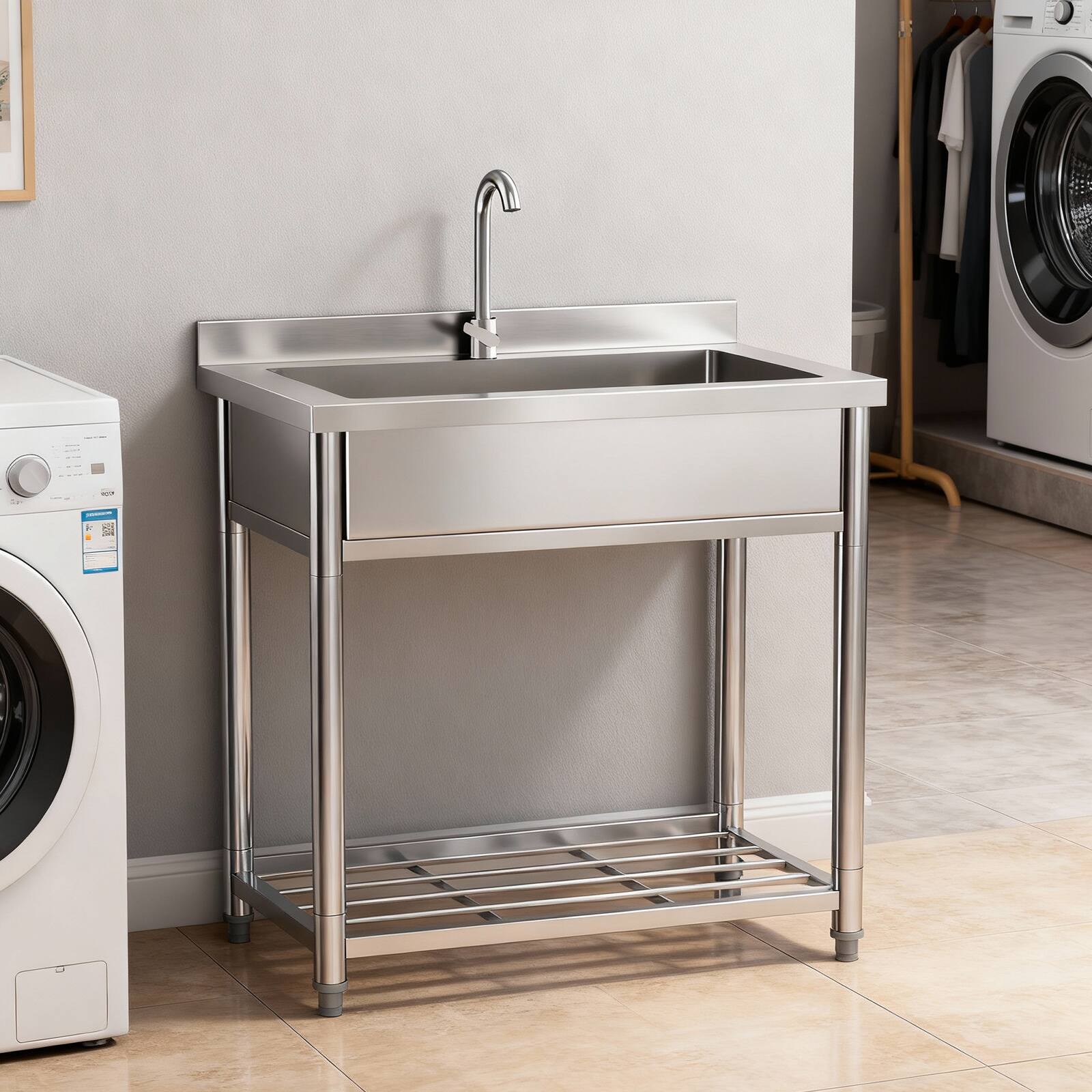Alt View 4. Winado - 35.4"L x 22.4"W x 36.9"H Freestanding Stainless Steel Utility Sink with Hot Cold Faucet, Lower Storage Shelf for Kitchen - Silver.