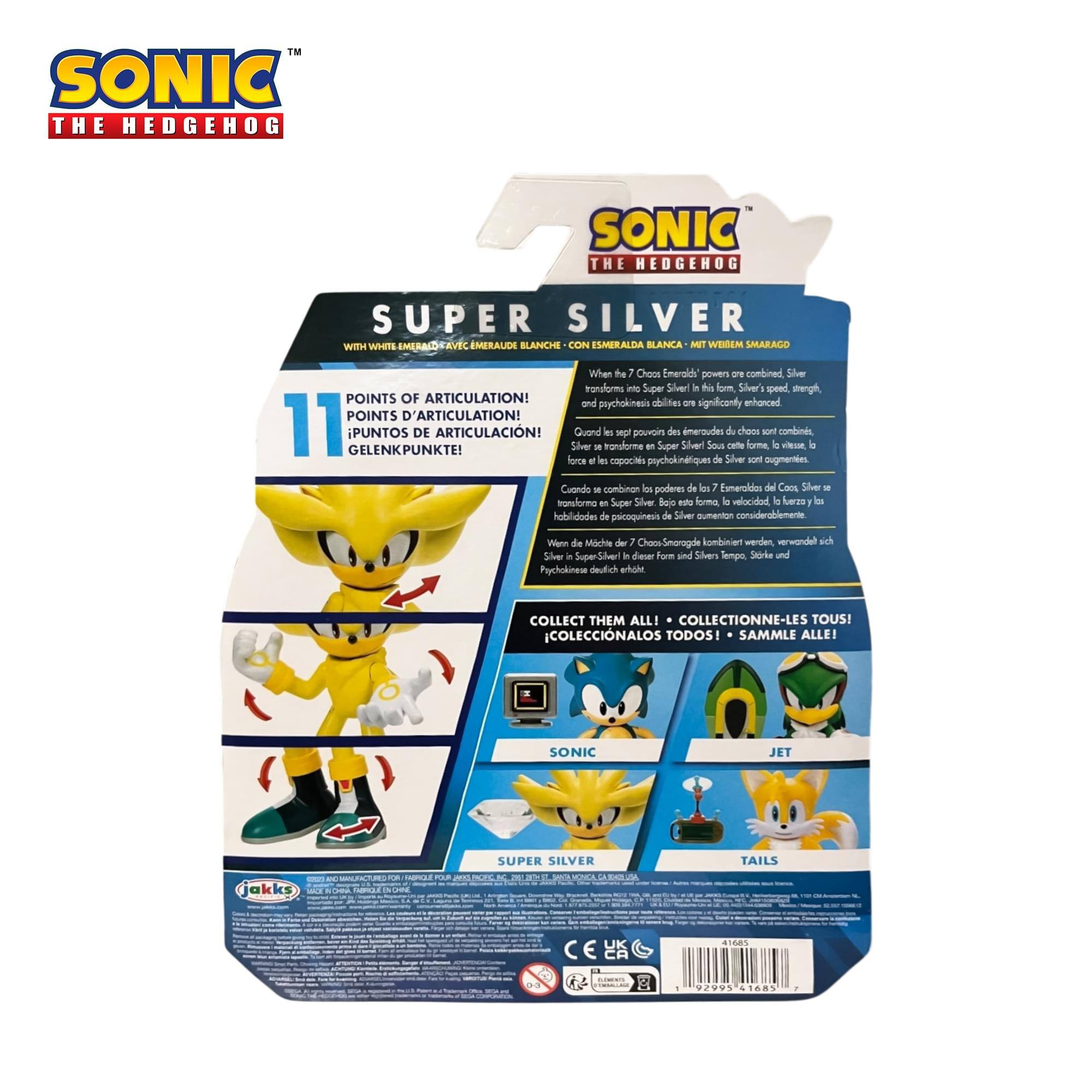 IM SONIC THE HEDGEHOG SONIC THE HEDGEHOG SUPER SILVER WITH WHITE EMERALD BLANCHE Con ESMERALDA BLANCA MIT WEISSEM SMARAGO Wien the7 Choos Emeraids powers ae combined Silver PoRpfoI - Super Silver! i dis form Silver's speed, strength, and psychokinetic abilities are significantly enhanced -r POINTS D'ARTICULATION! 11 GELENKPUNKTE! PUNTOS DE ARTICULACIÓN! Siver Quand - manfome i Ngh pocois en Super des Siver e Sous d calle chao forme snt la combins -iu i force e les copaclts prychokinfiques de Siver sant sugmenties Cuondo - combinon ios podets de l 7 Esmenoicios del Caos Shver - vondorino a Super Siver Boie edu fomma ls velocidod le kerze is habilidades de pacoquiness de Siver sumanton considerablemente Walgrm de Mche der 7 ChaosSmaragde kombiiert werden verwandeh ech Siver . SuperSher & dever Furm and Shen Tempo Stirke und Psychokinese deutich