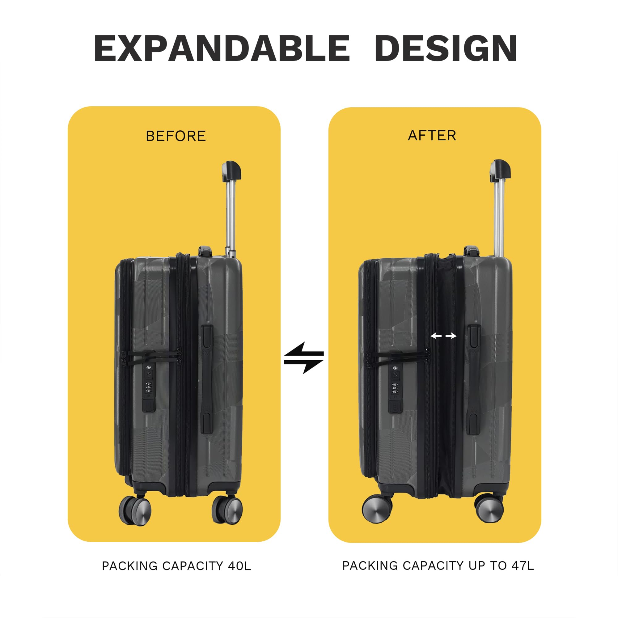 EXPANDABLE DESIGN

BEFORE  
PACKING CAPACITY 40L

AFTER  
PACKING CAPACITY UP TO 47L
