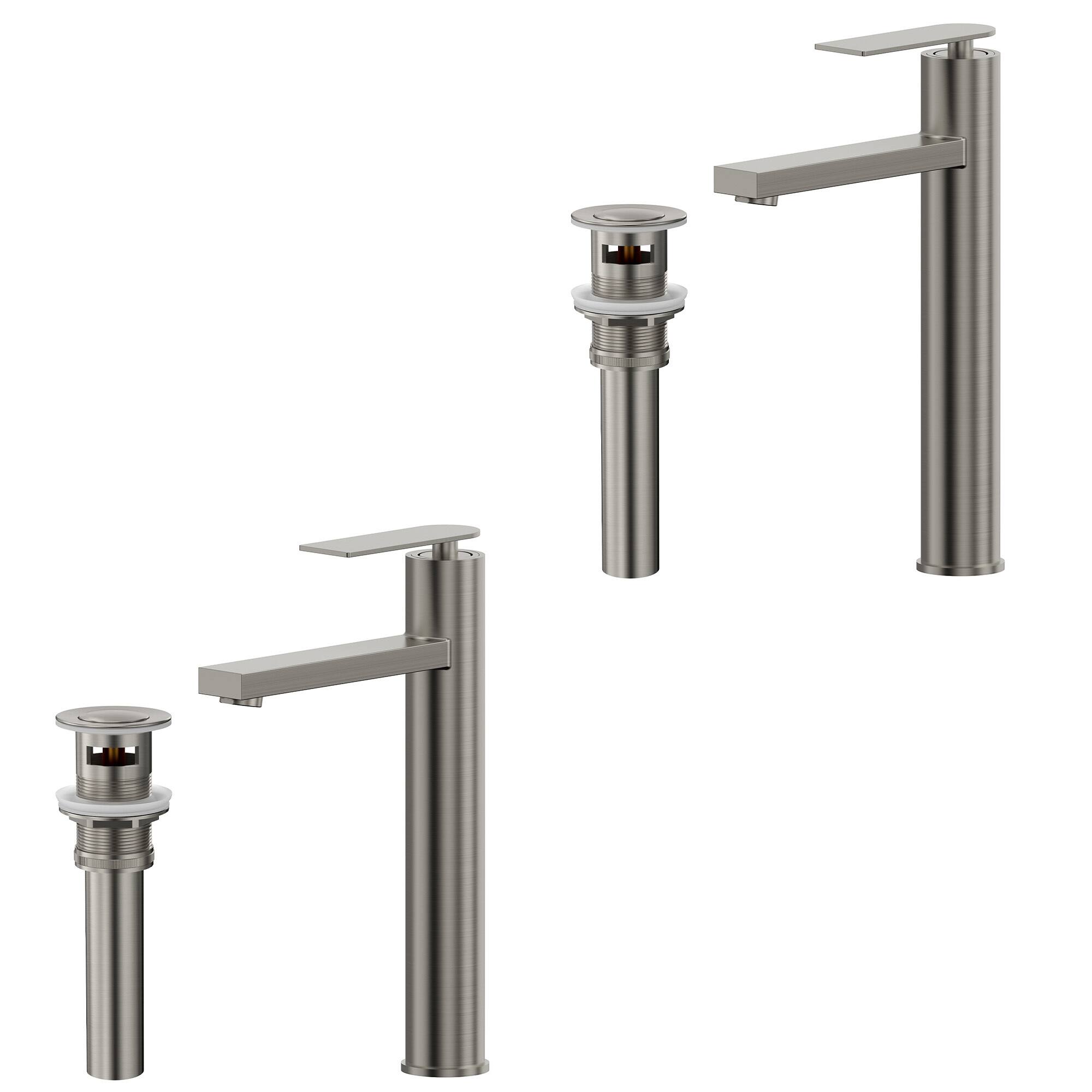 Front. GRANDJOY - Single Handle Vessel Bathroom Faucet with Pop-Up Drain, 12 in High-Arc Square Spout for Above Counter Sinks - Brushed Nickel.