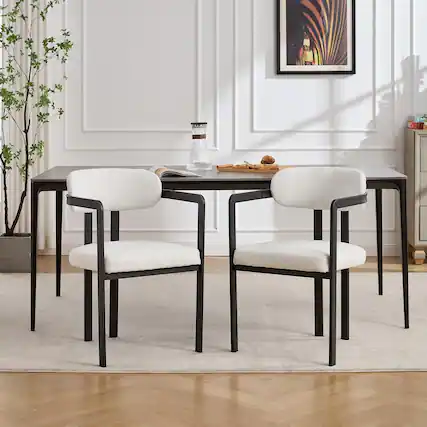 Front. Trinkets Crazed - Modern Dining Room Chairs Set of 2, Mid-Century Upholstered Boucle Kitchen Dining Chairs - beige.