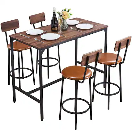 Front. VEVOR - Bar Table, 5PCS 47″ Bars Tables Set, Bar Tables and Chair Set with Rounded Edge Design, Rectangular Pub Table - Walnut + black.